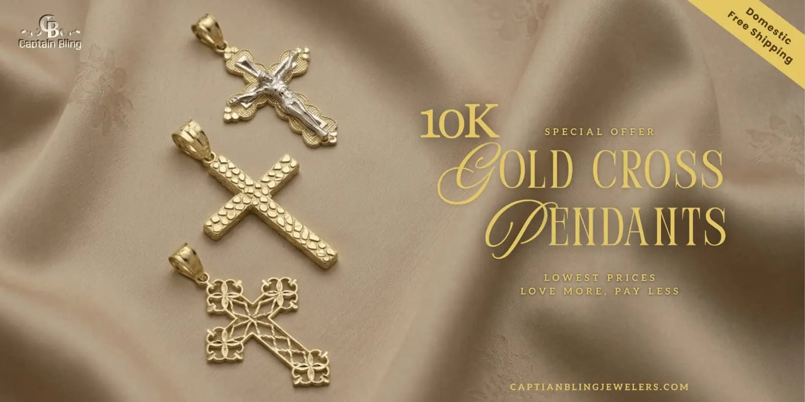 Captain Bling 10k gold religious jewelry special offer. Three stylized cross pendants on beige silk: a detailed solid crucifix, a textured solid cross, and an intricate filigree lattice cross. USA free shipping.