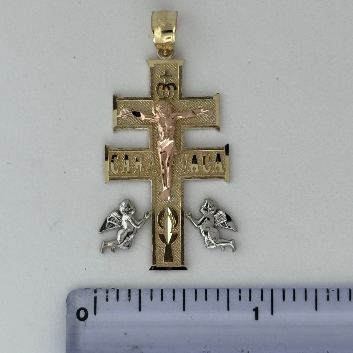 10KT Caravaca Cross pendant Real Yellow Gold Diamond cut, 1.5 GRM, mm Bail