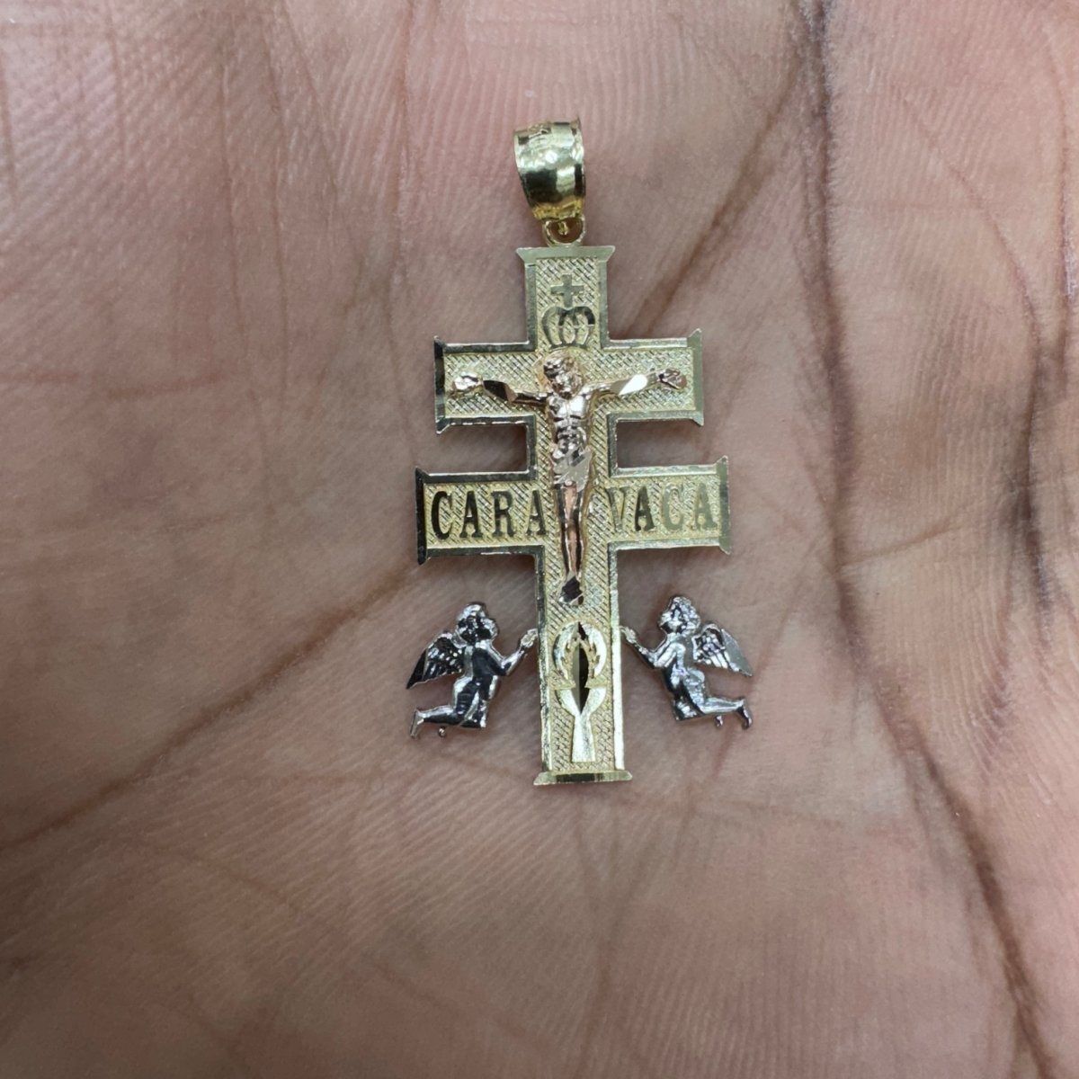 10KT Caravaca Cross pendant Real Yellow Gold Diamond cut, 1.5 GRM, mm Bail