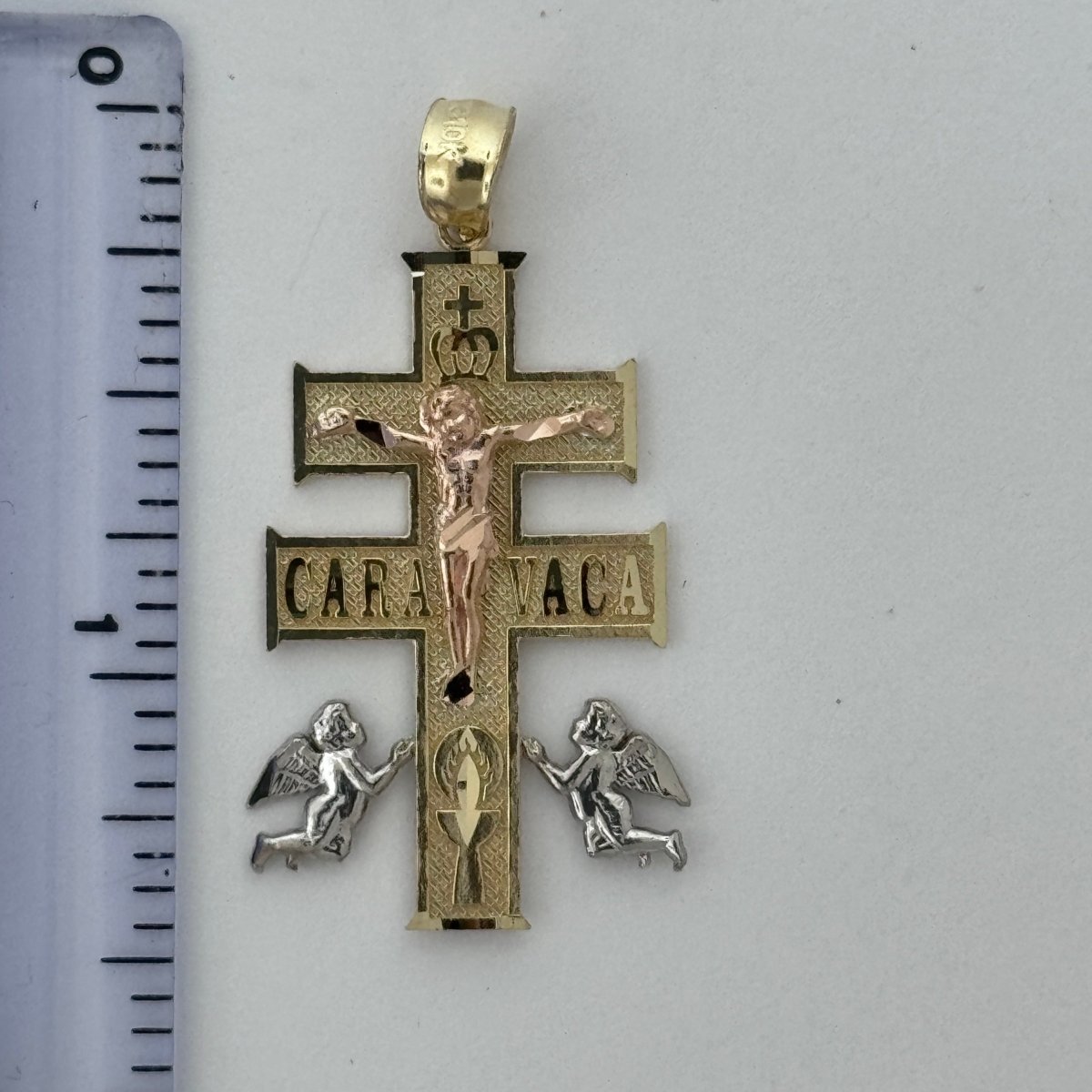 10KT Caravaca Cross pendant Real Yellow Gold Diamond cut, 1.5 GRM, mm Bail