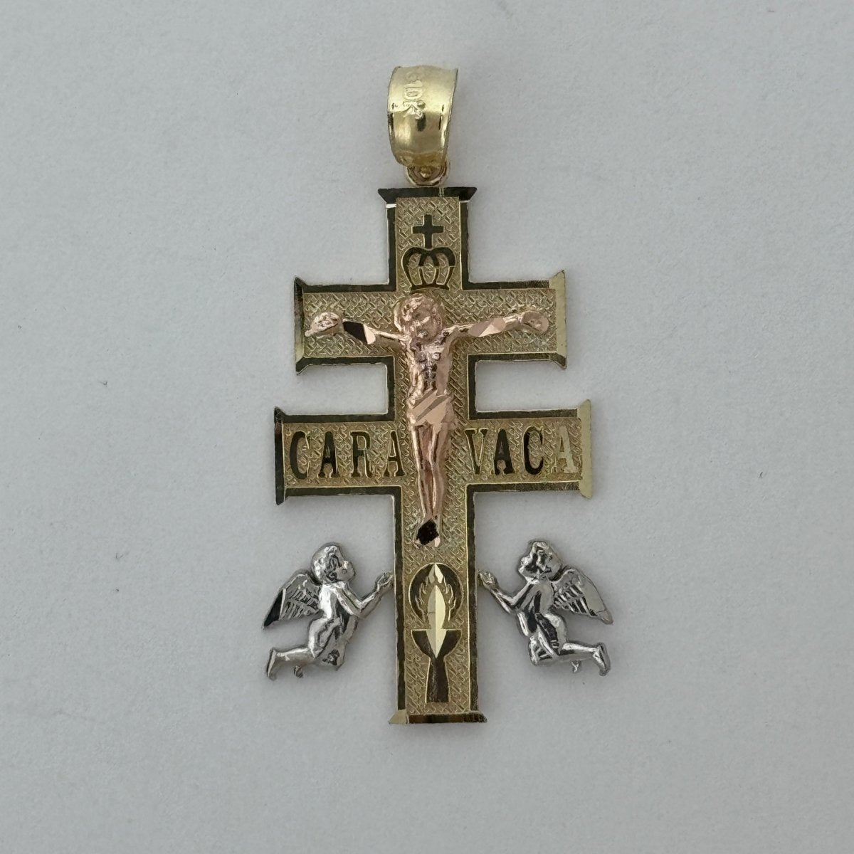 10KT Caravaca Cross pendant Real Yellow Gold Diamond cut, 1.5 GRM, mm Bail