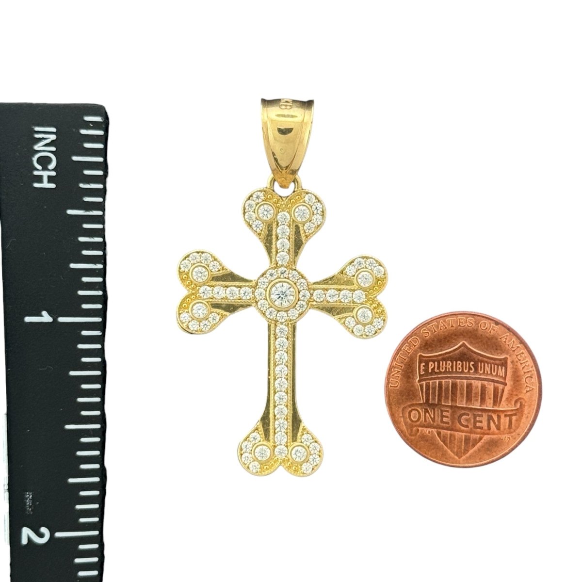 10KT Gold Filigree CZ Cross Pendant - 3.83g