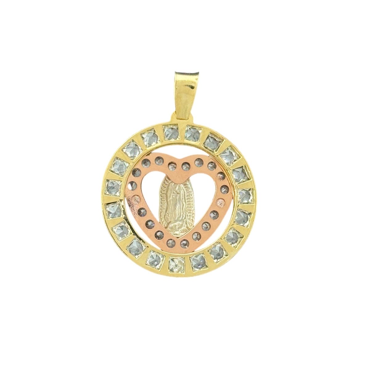 10KT Gold Heart and Round Virgin Mary Pendant with Tri - Color Design, 2.5g