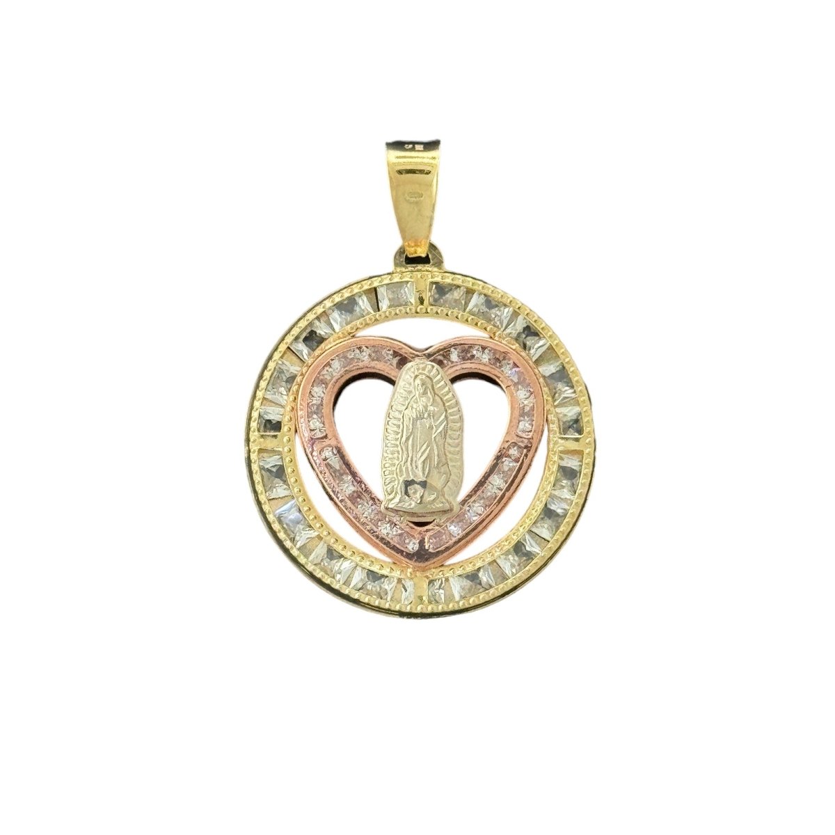 10KT Gold Heart and Round Virgin Mary Pendant with Tri - Color Design, 2.5g
