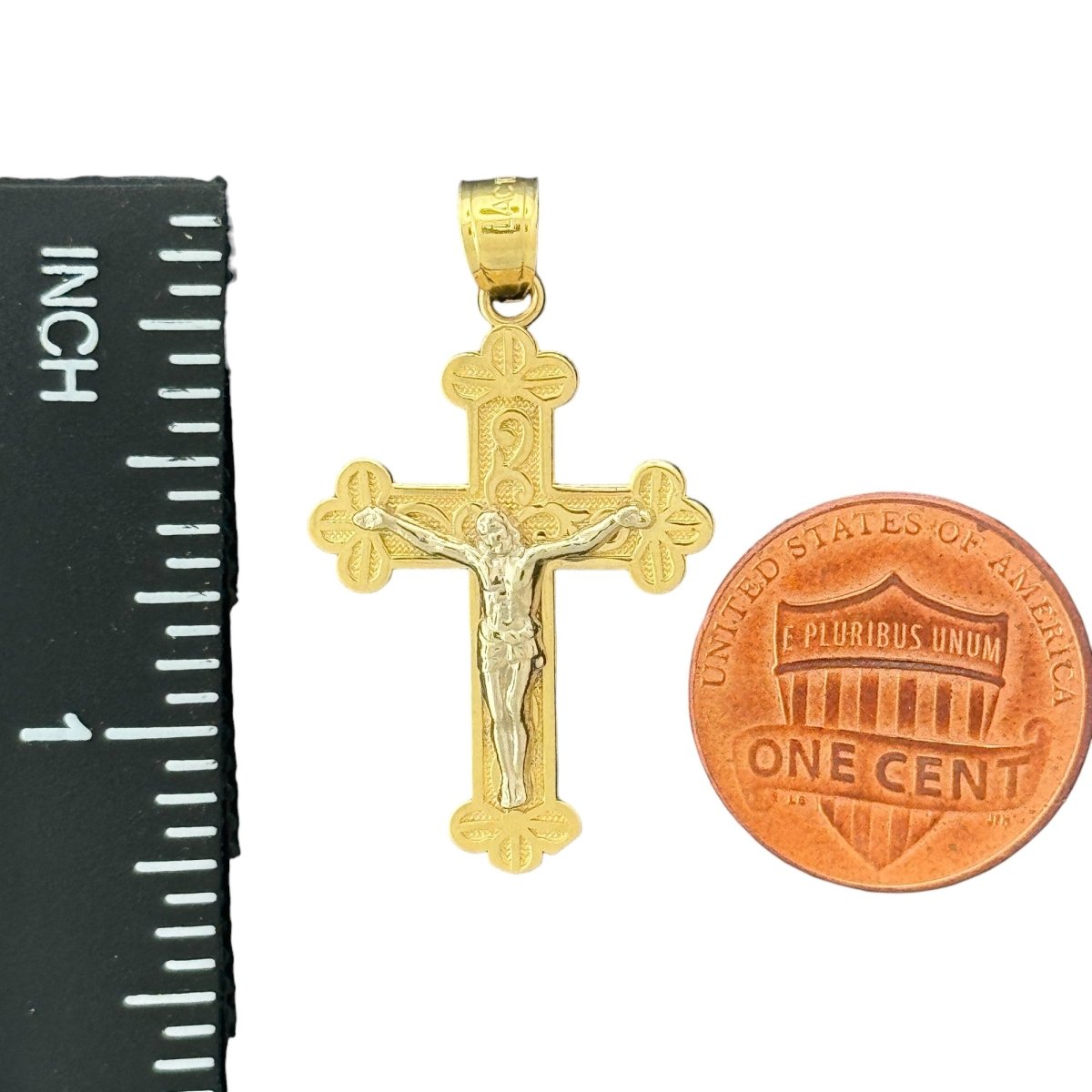 10KT Gold Ornate Two - Tone Crucifix Pendant - 2g