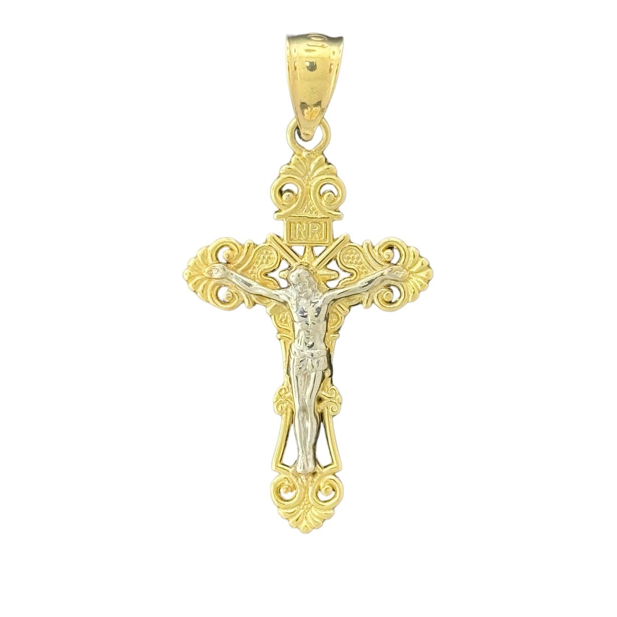 10KT Gold Ornate Two - Tone Crucifix Pendant with INRI Inscription - 1.87g