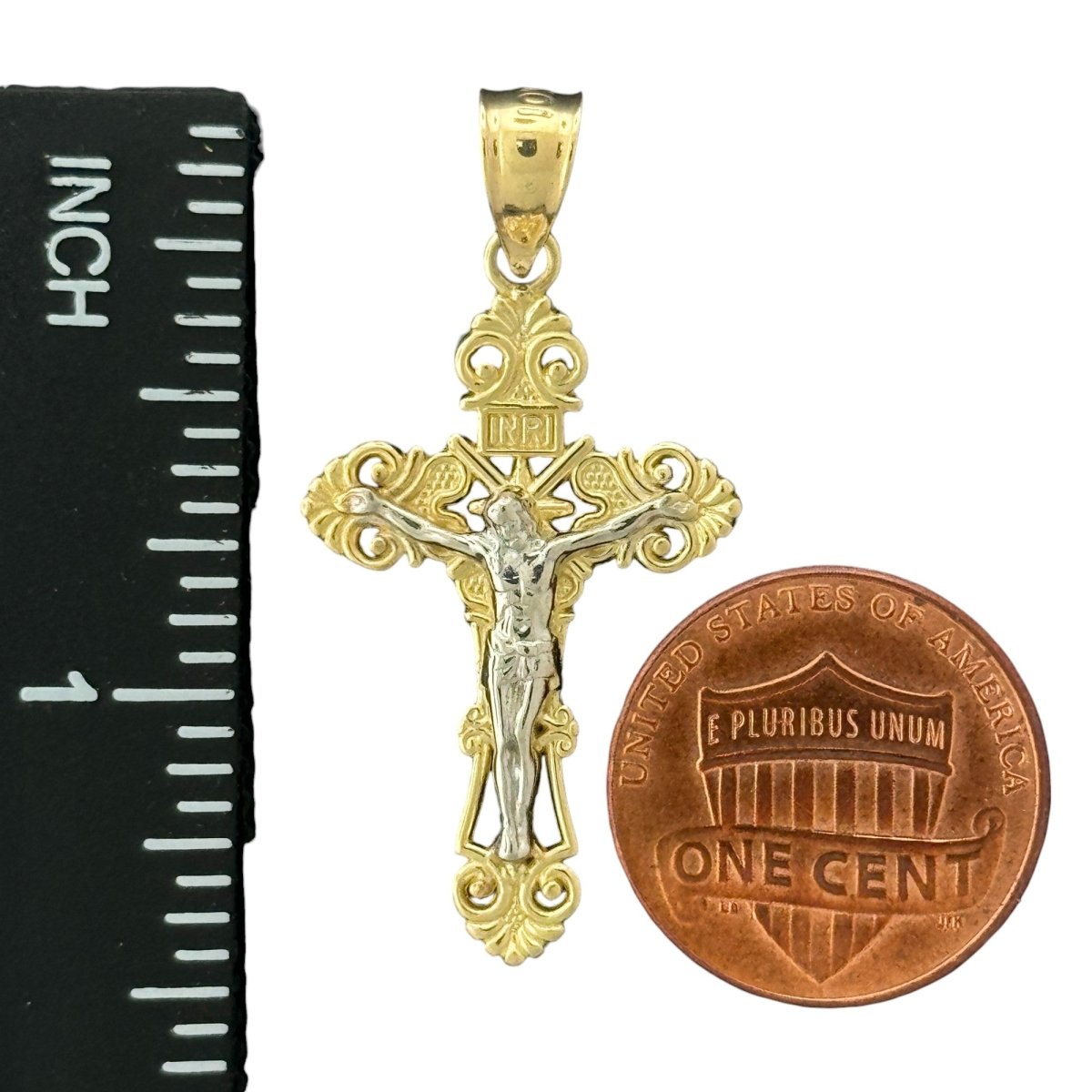 10KT Gold Ornate Two - Tone Crucifix Pendant with INRI Inscription - 1.87g