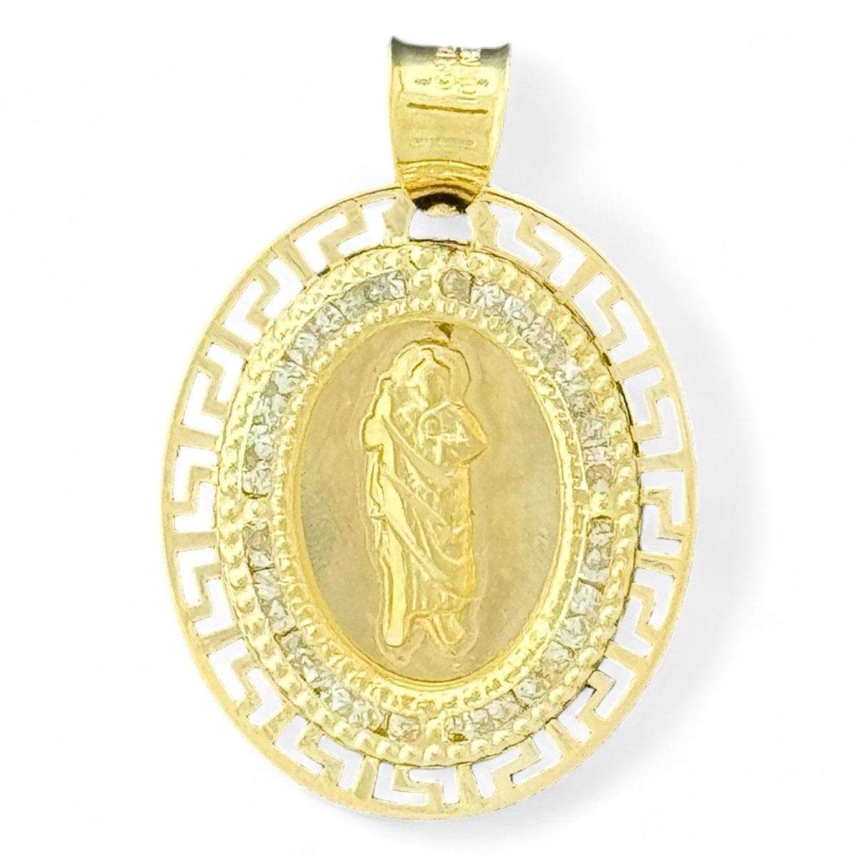 10KT Gold Oval Saint Pendant with CZ Stones - 1.24g