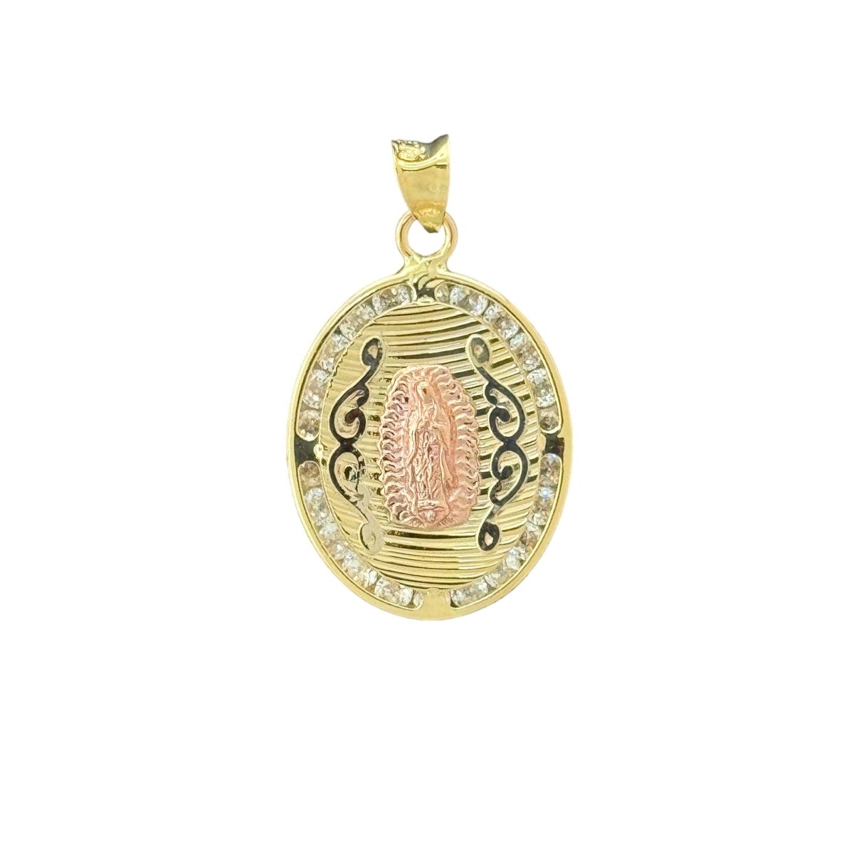 10KT Gold Oval Virgin Mary Pendant with Tri - Color Design, 1.8g