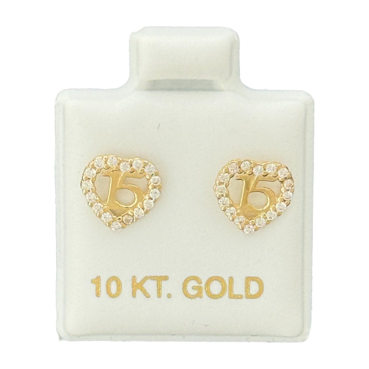 10KT Gold Quinceañera Heart Stud Earrings with CZ Border