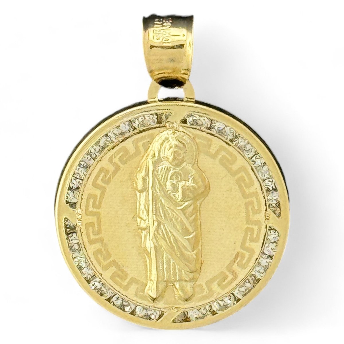 10KT Gold Round Saint Pendant with CZ Stones - 1.38g