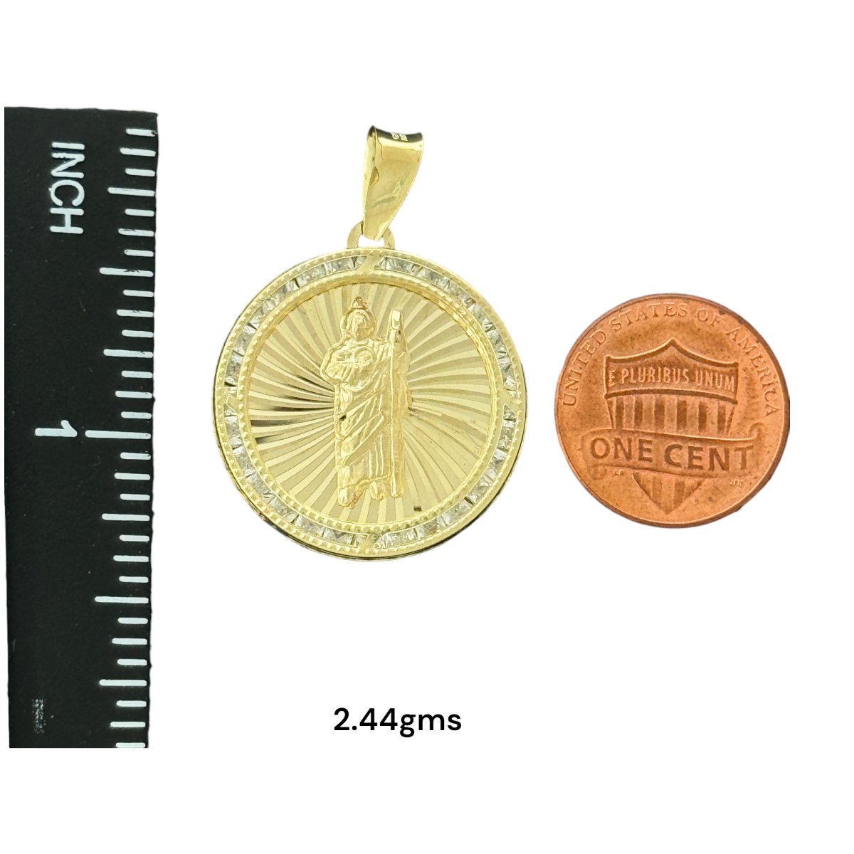 10KT Gold Round Saint Pendant with CZ Stones - 2.44g and 1.36g