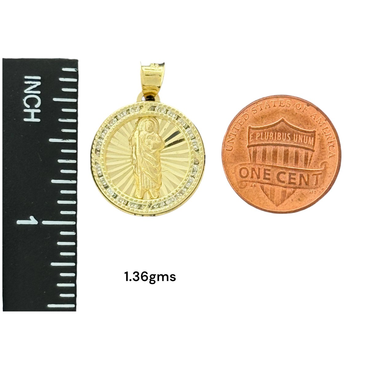 10KT Gold Round Saint Pendant with CZ Stones - 2.44g and 1.36g