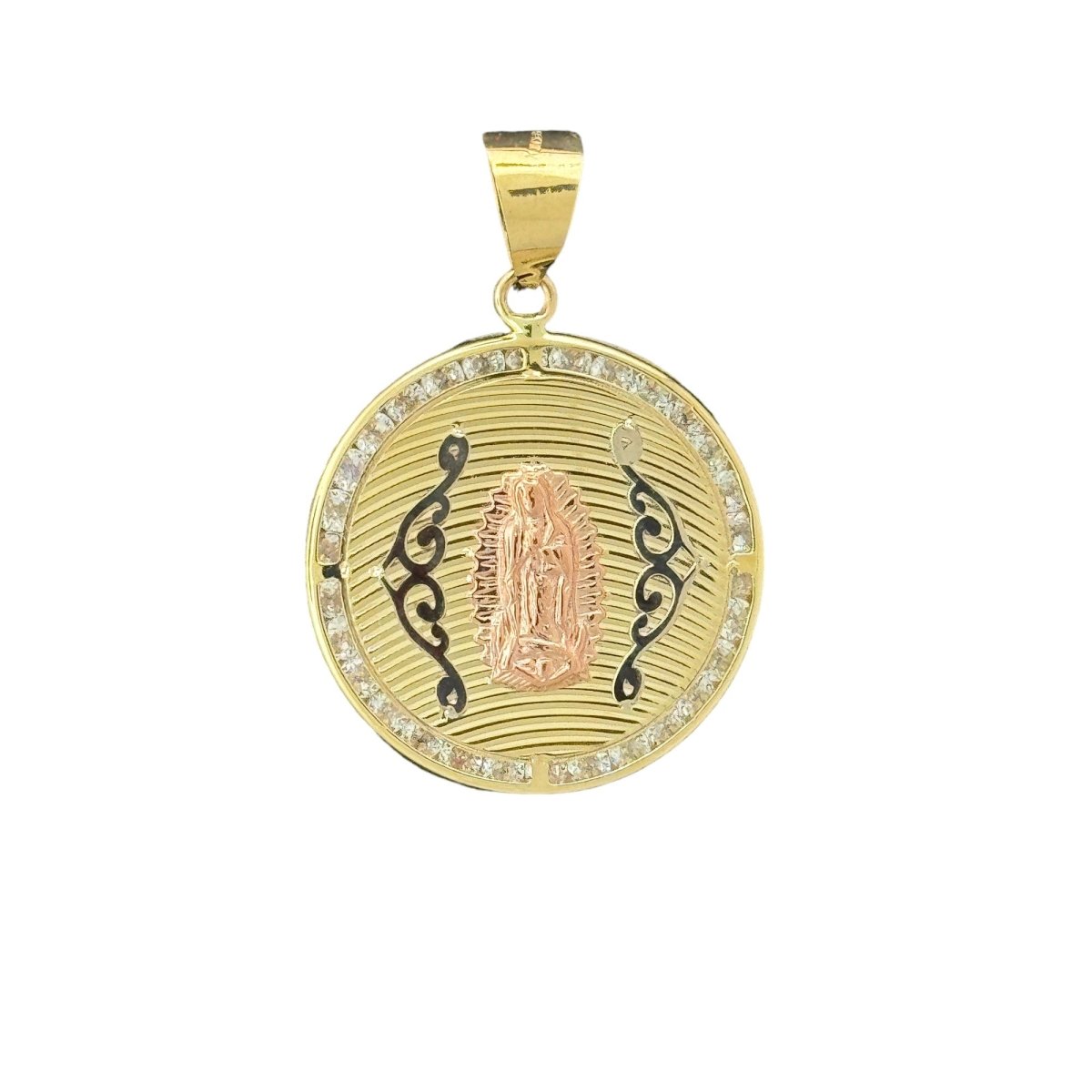 10KT Gold Round Virgin Mary Pendant with Tri - Color Design and CZ Accents, 2.5g