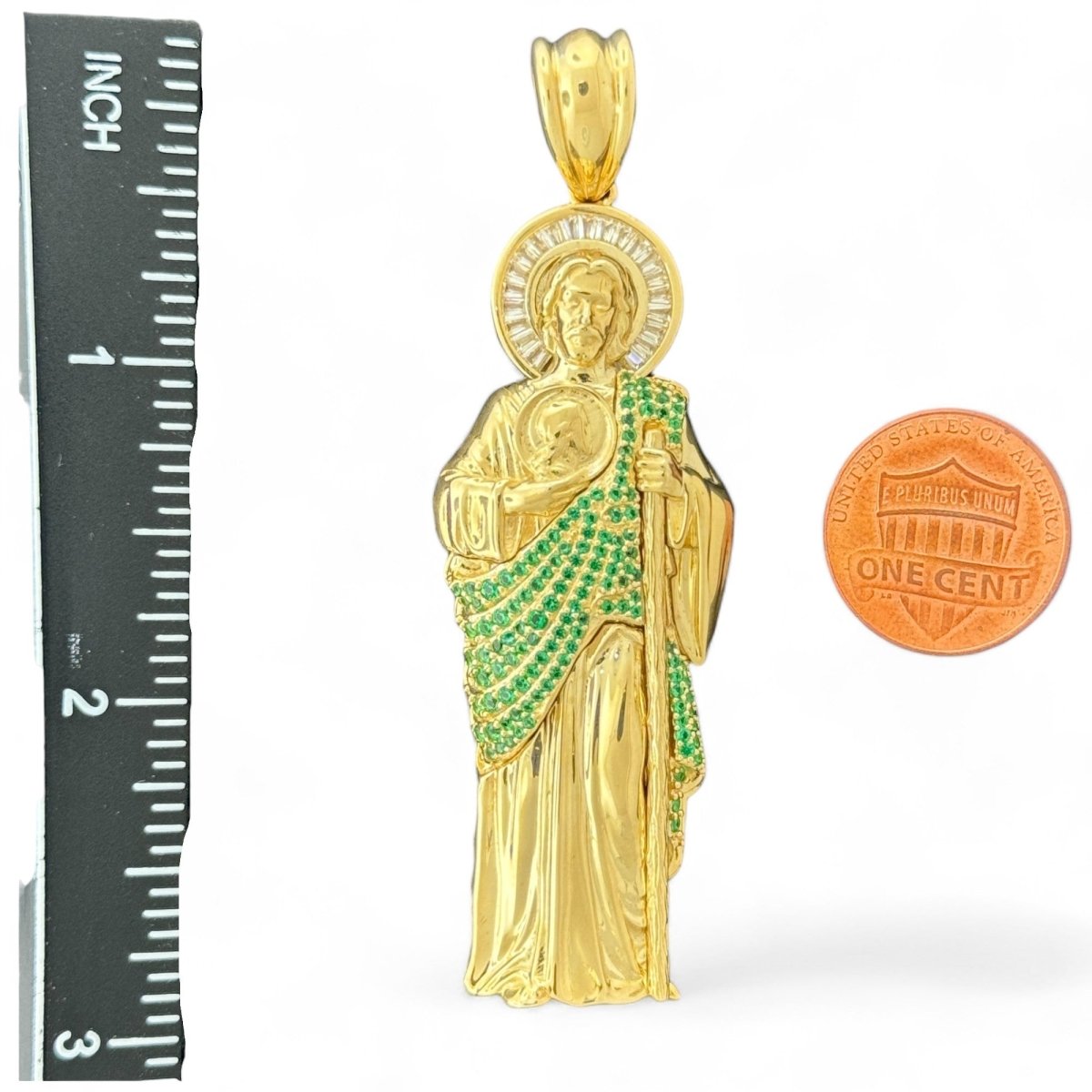 10KT Gold Saint Pendant with Green CZ Stones - 11.07g