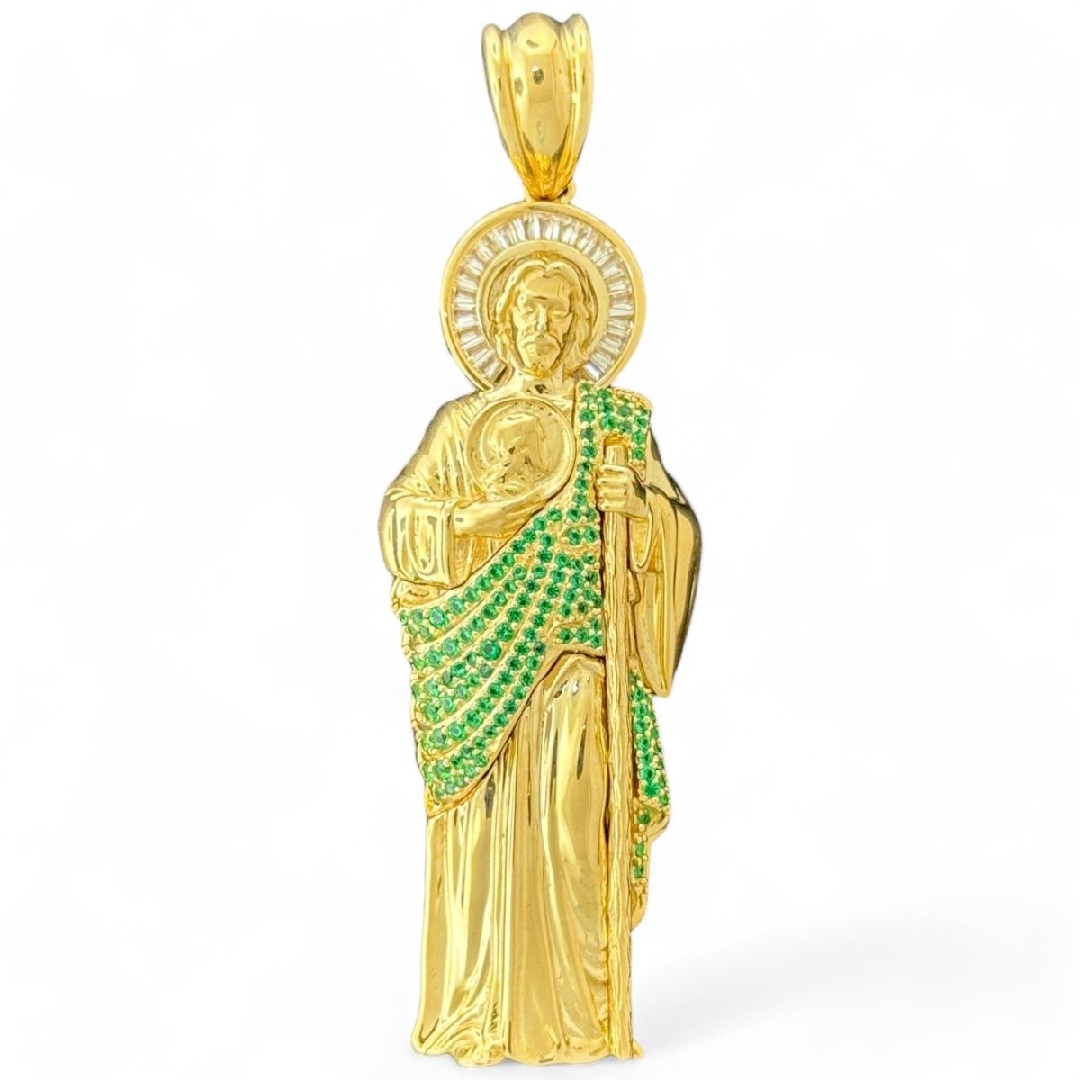 10KT Gold Saint Pendant with Green CZ Stones - 11.07g