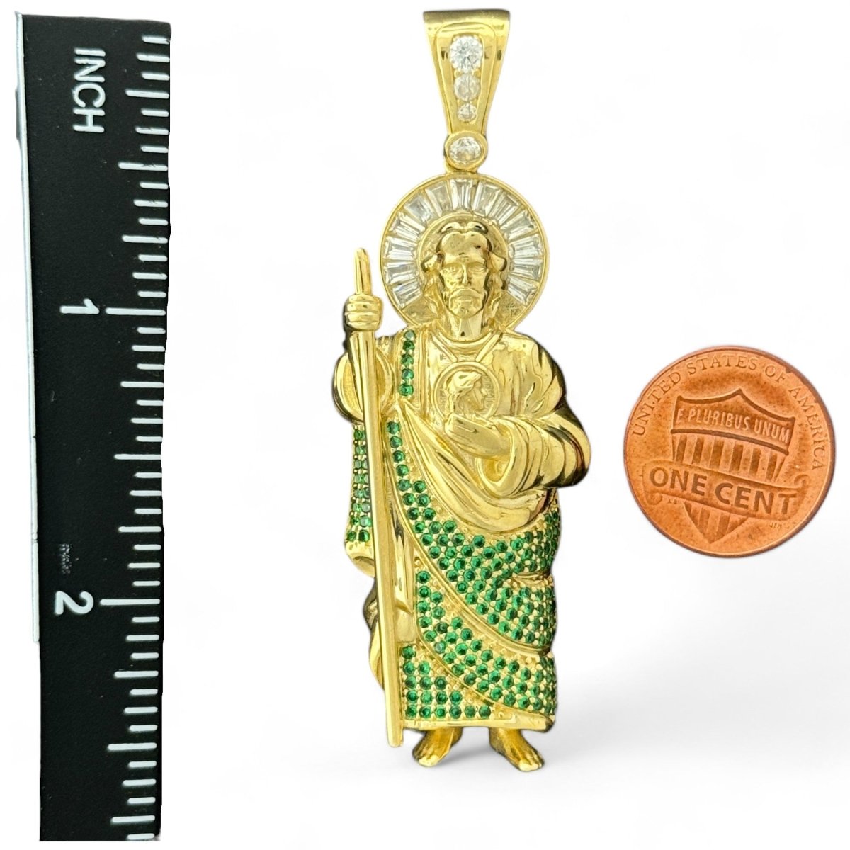 10KT Gold Saint Pendant with Green CZ Stones - 12.19g