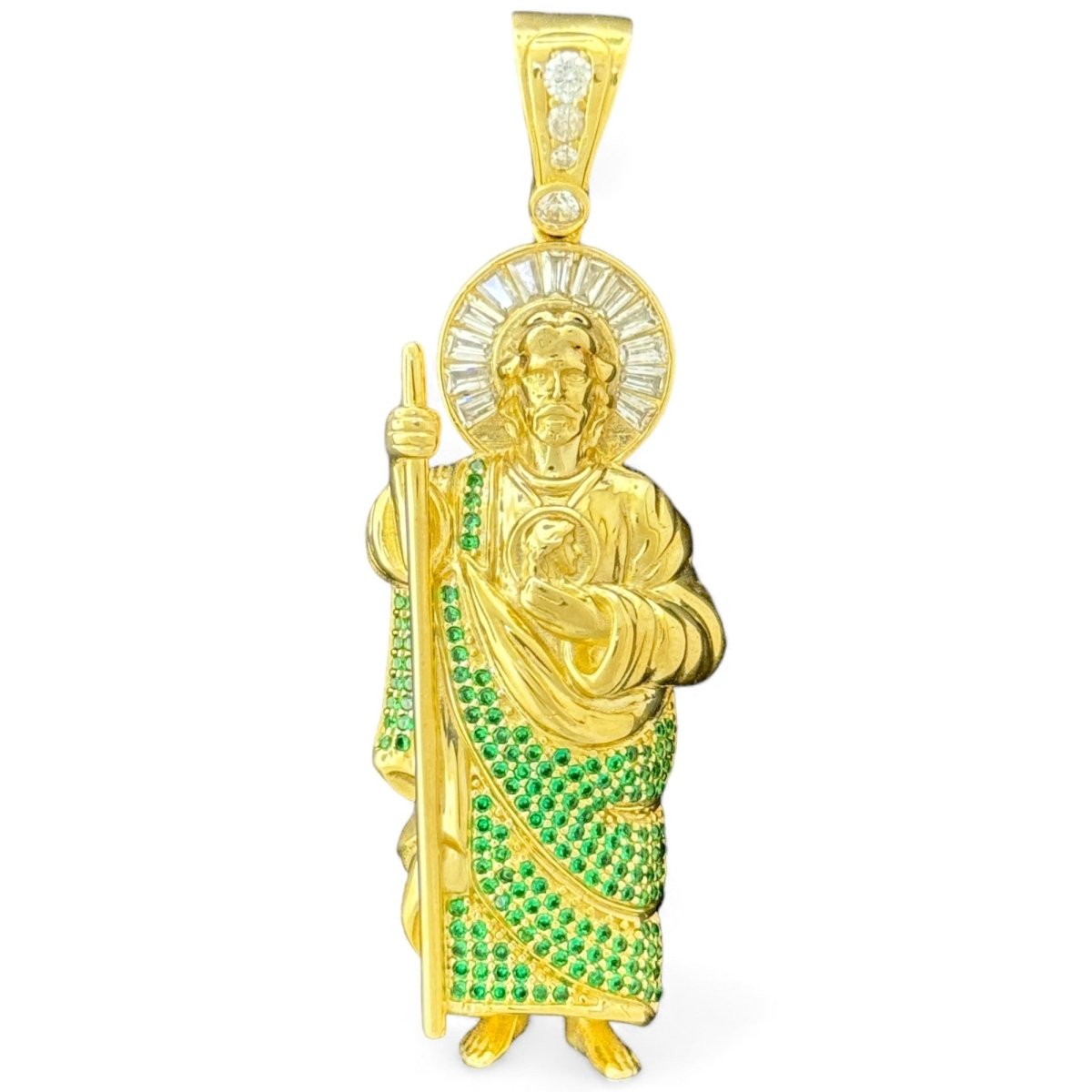 10KT Gold Saint Pendant with Green CZ Stones - 12.19g