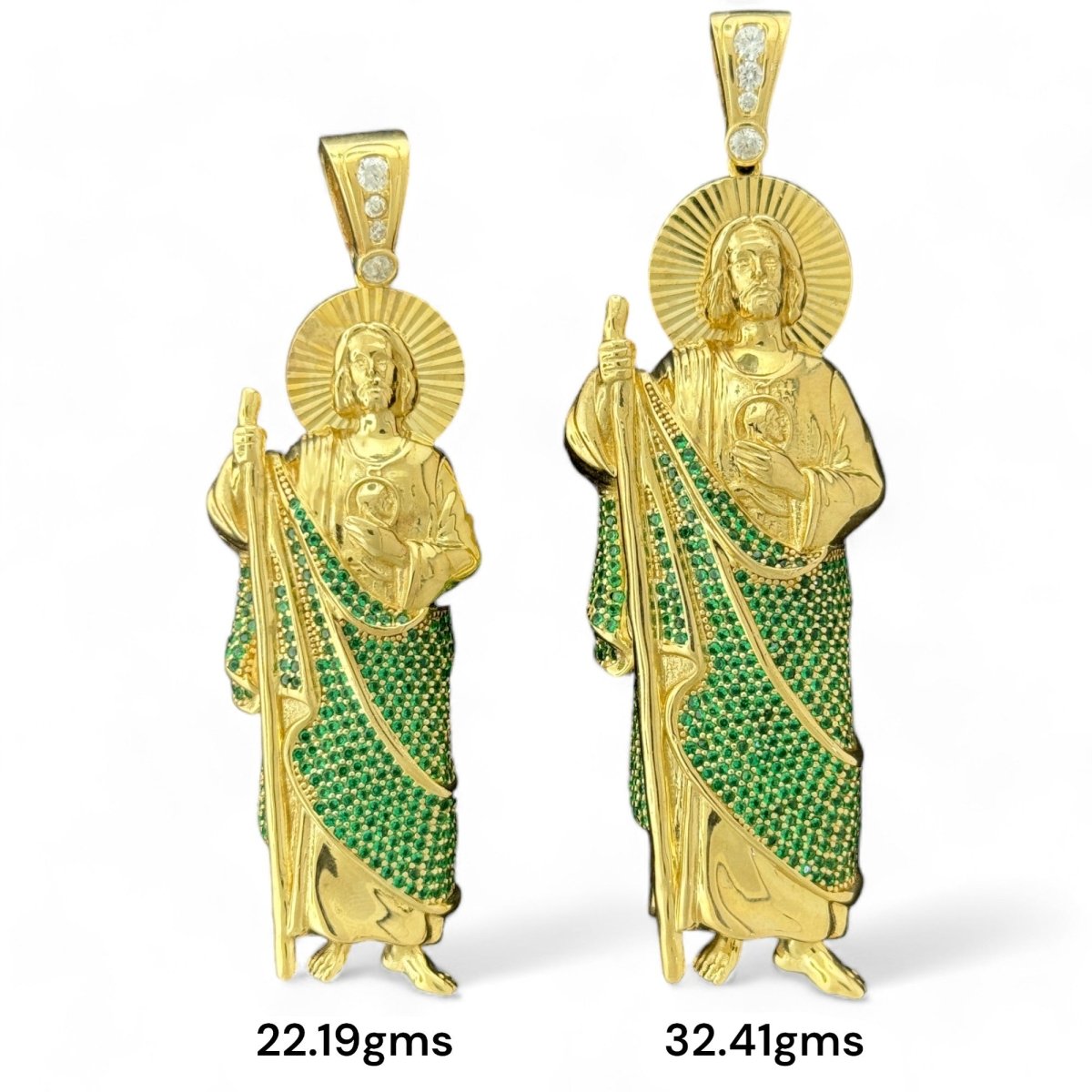 10KT Gold Saint Pendant with Green CZ Stones - 22.19g and 32.41g