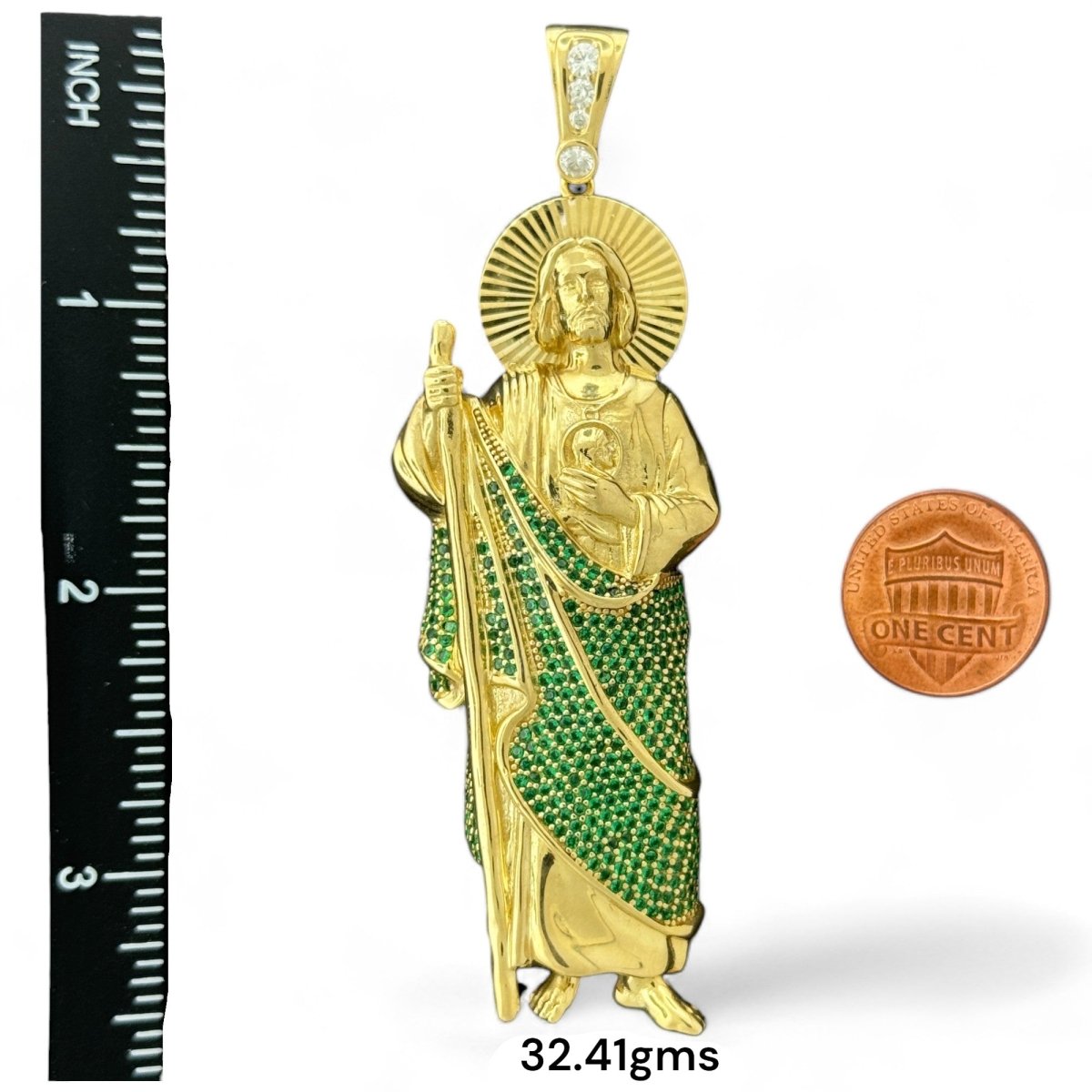 10KT Gold Saint Pendant with Green CZ Stones - 22.19g and 32.41g