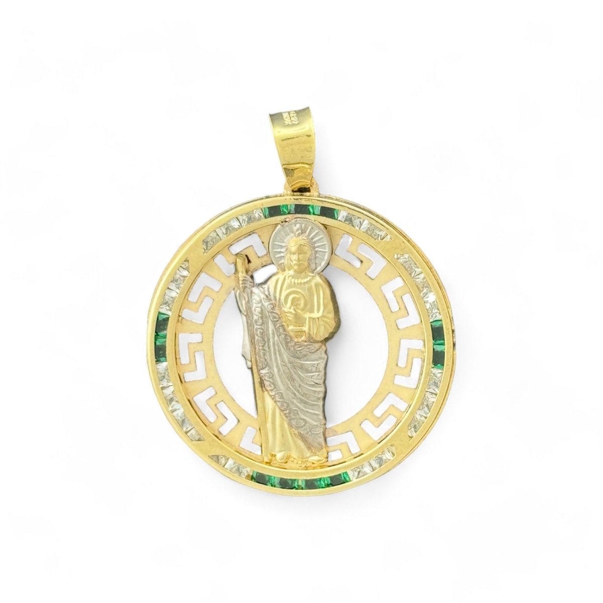 10KT Gold Saint Pendant with Green CZ Stones - 2.56g