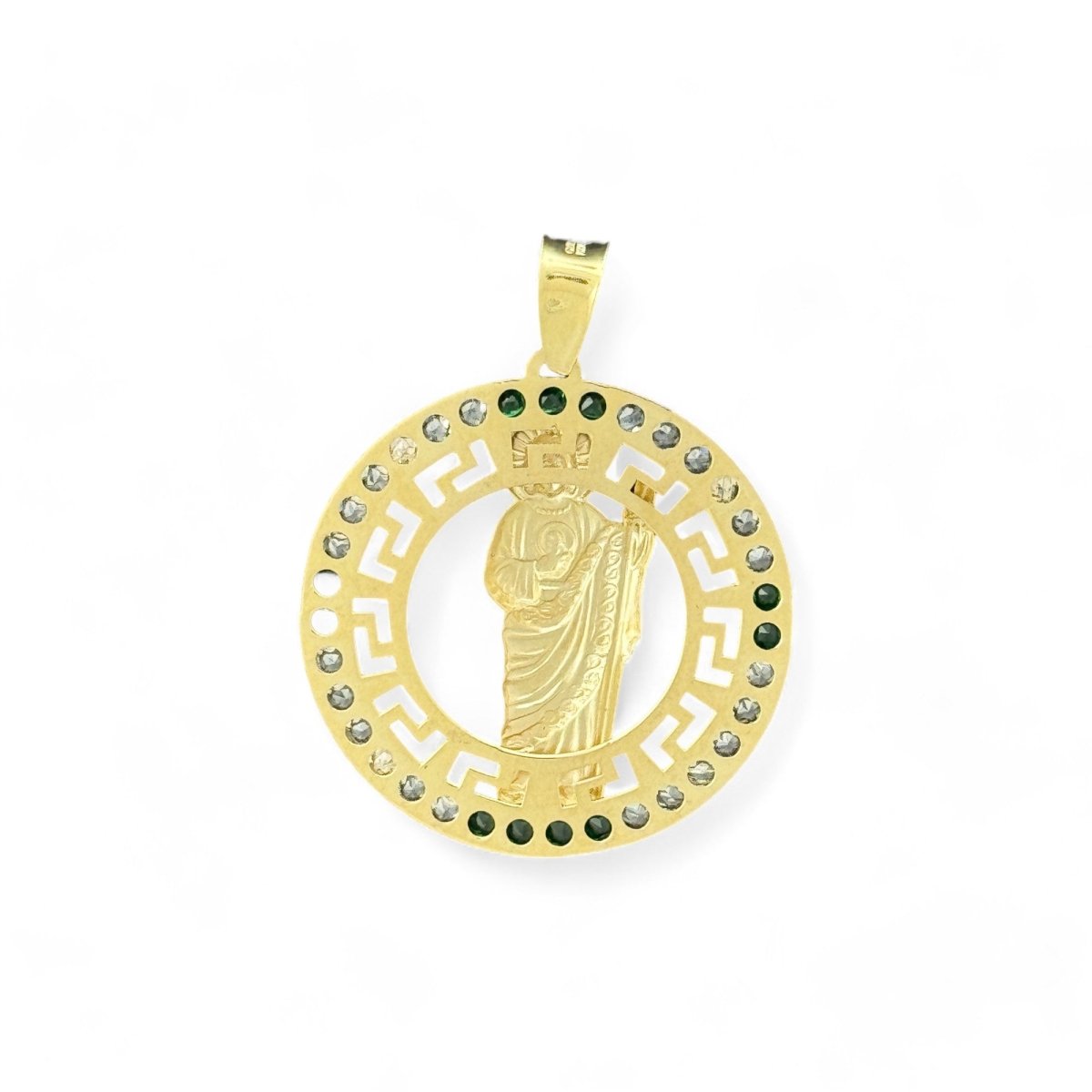 10KT Gold Saint Pendant with Green CZ Stones - 2.56g