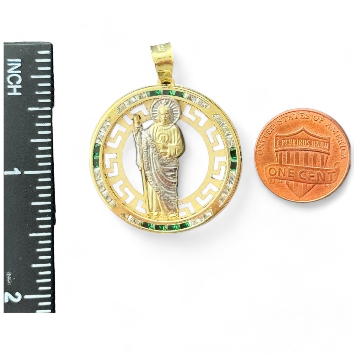 10KT Gold Saint Pendant with Green CZ Stones - 2.56g