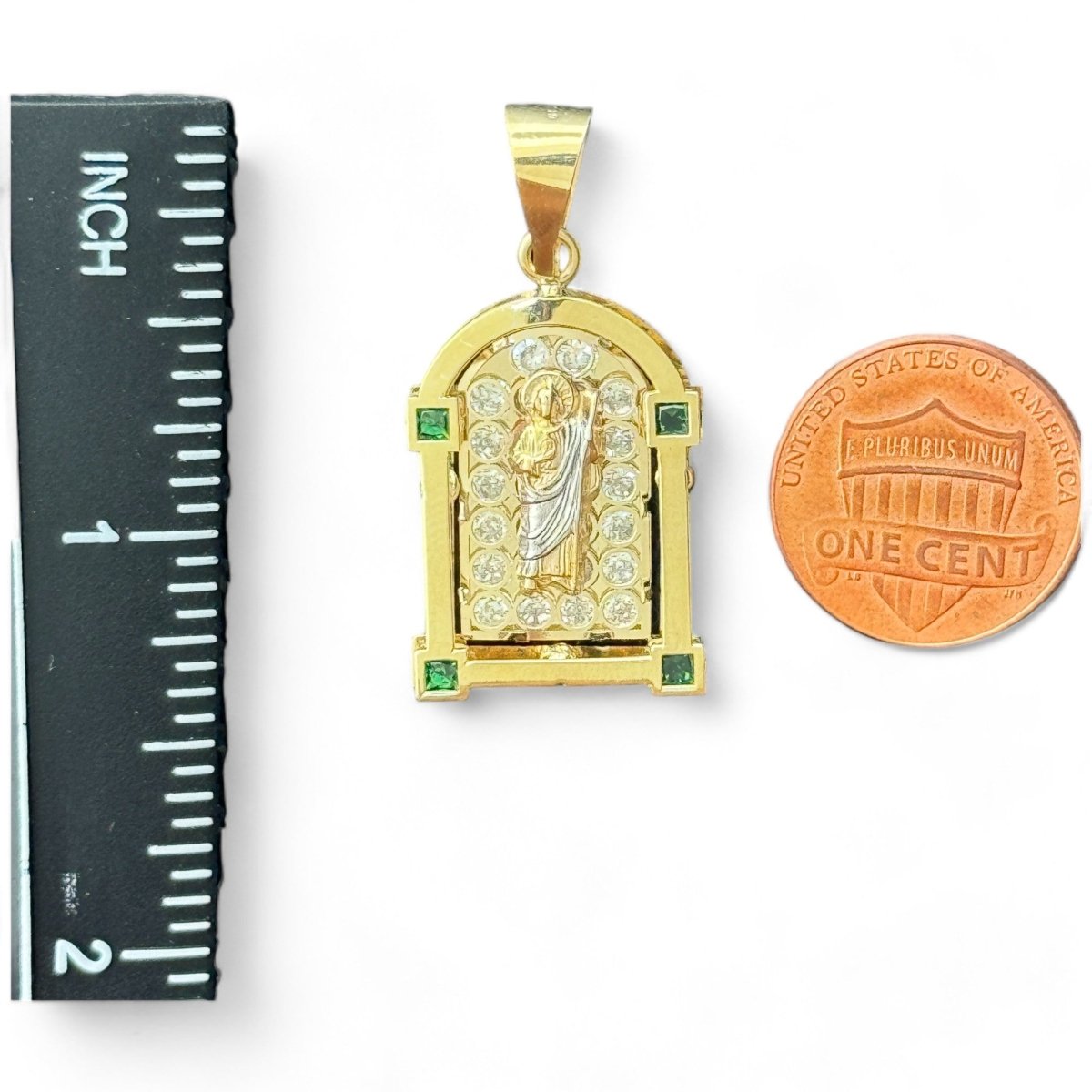 10KT Gold Saint Pendant with Green CZ Stones - 2.65g