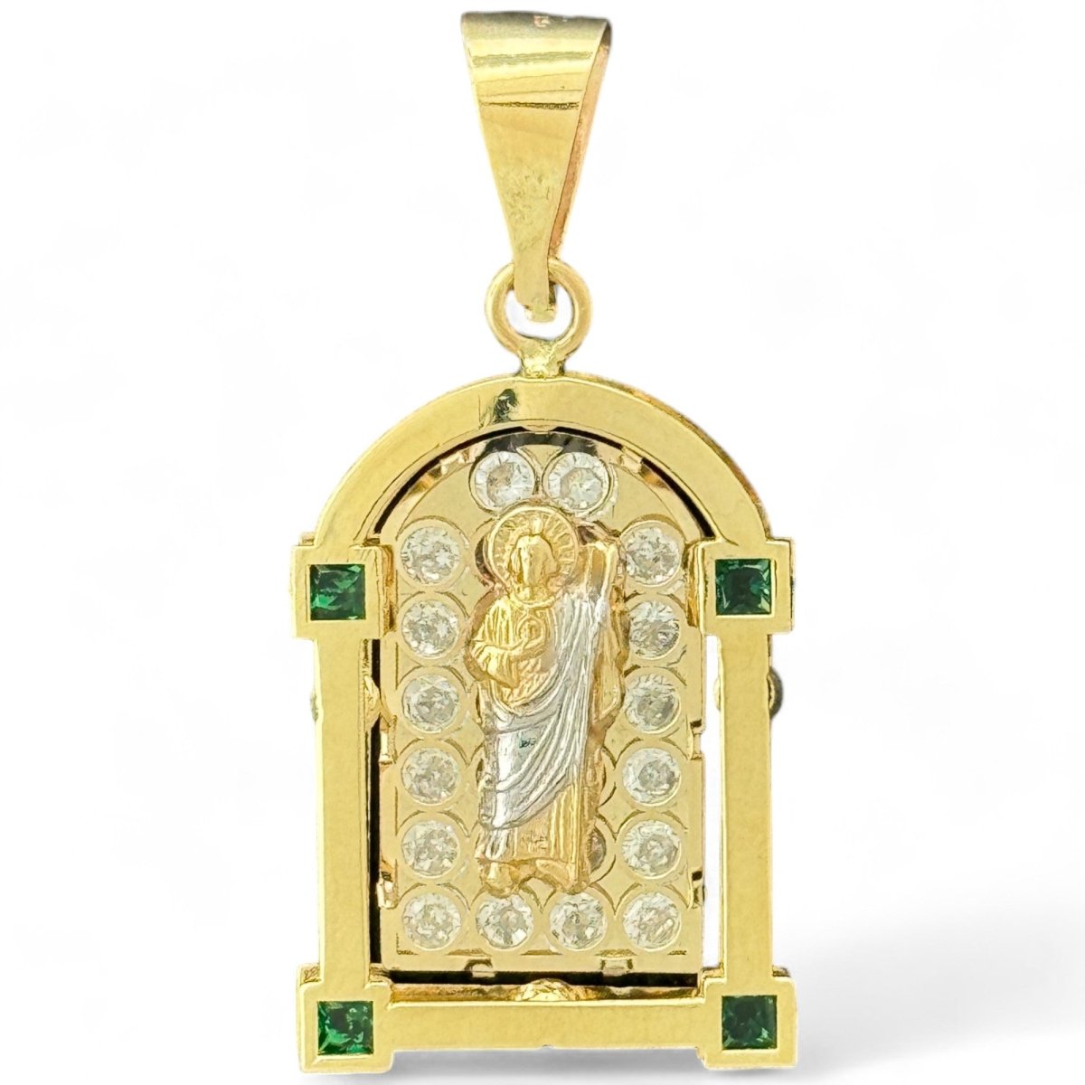 10KT Gold Saint Pendant with Green CZ Stones - 2.65g