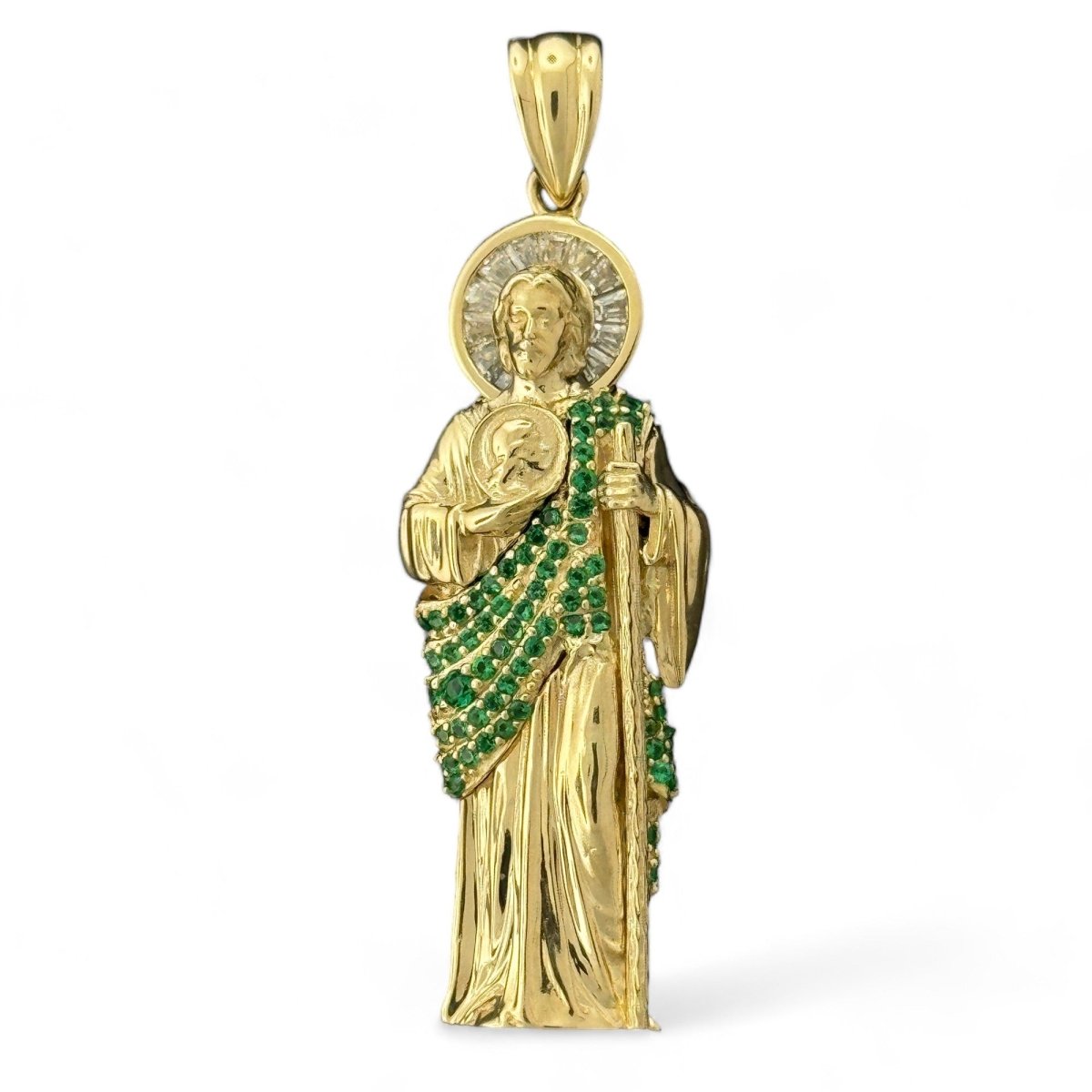 10KT Gold Saint Pendant with Green CZ Stones - 4.04g Religious Jewelry