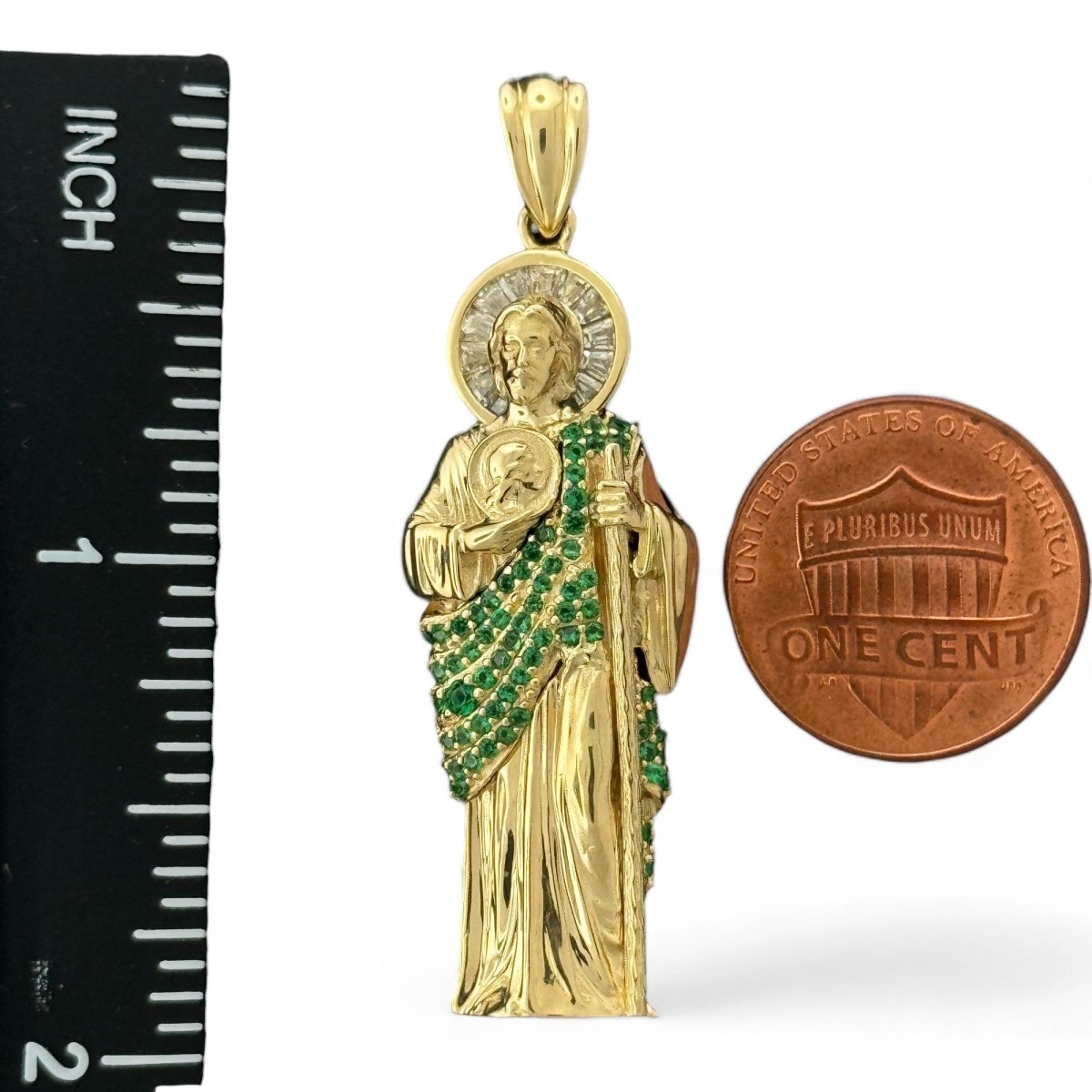 10KT Gold Saint Pendant with Green CZ Stones - 4.04g Religious Jewelry