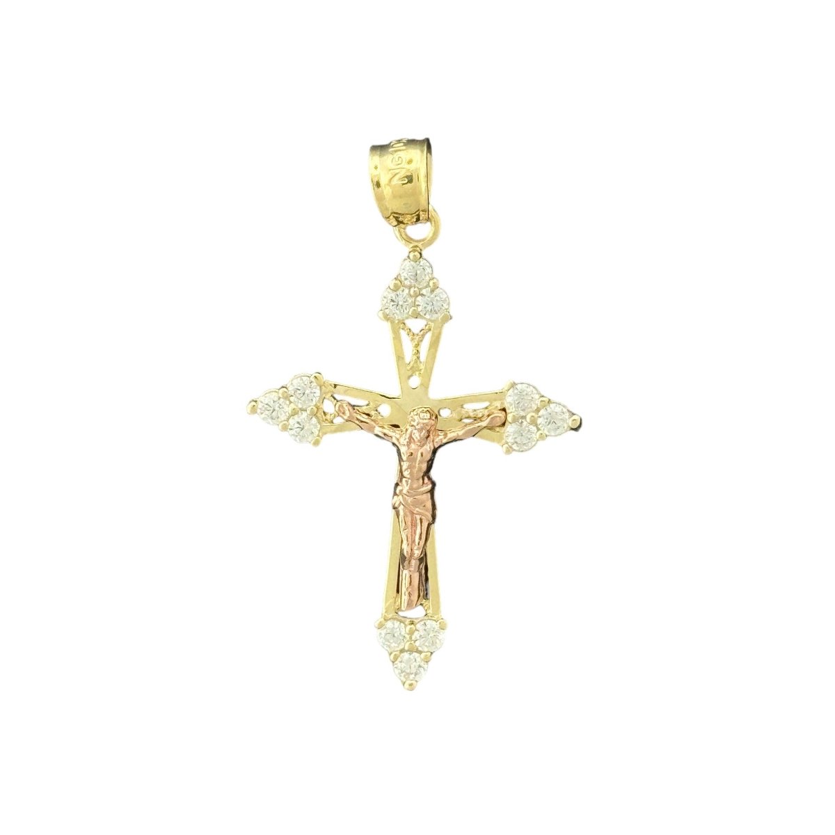 10KT Gold Two - Tone Crucifix Pendant with CZ Stones - 1.67g