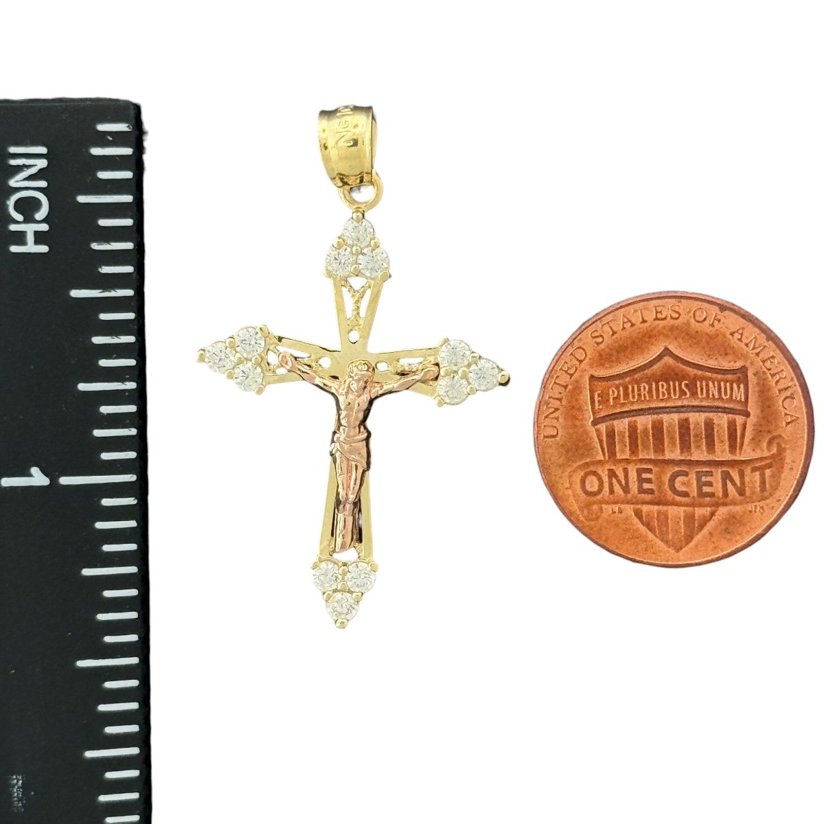 10KT Gold Two - Tone Crucifix Pendant with CZ Stones - 1.67g