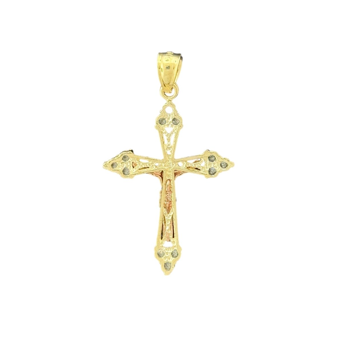 10KT Gold Two - Tone Crucifix Pendant with CZ Stones - 1.67g