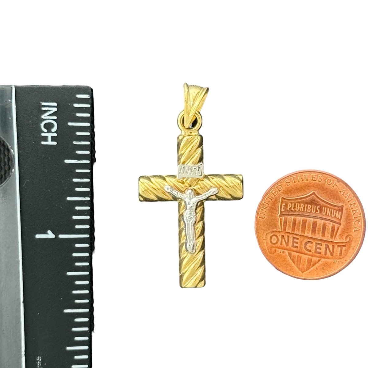 10KT Gold Two - Tone Crucifix Pendant with INRI Inscription - 1.35g