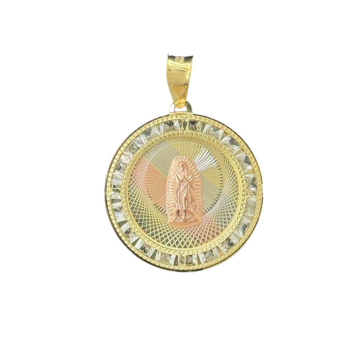 10KT Gold Virgin Mary Pendant - Tri - Color Design with CZ Accents, 2.3g