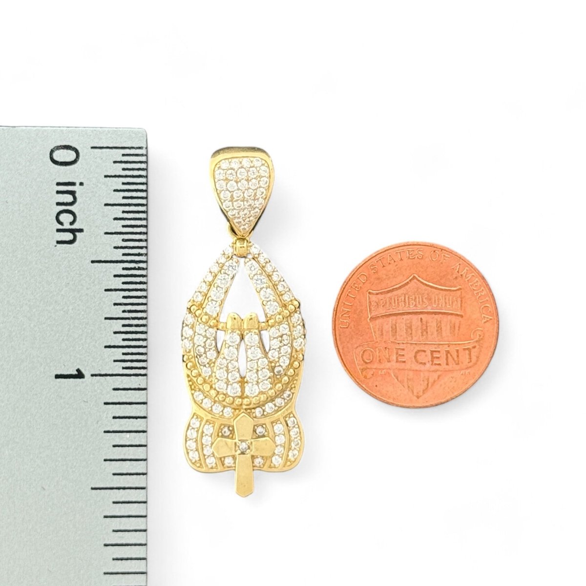 10KT Iced Praying Hands Pendant with Cross - 4.52 Grm