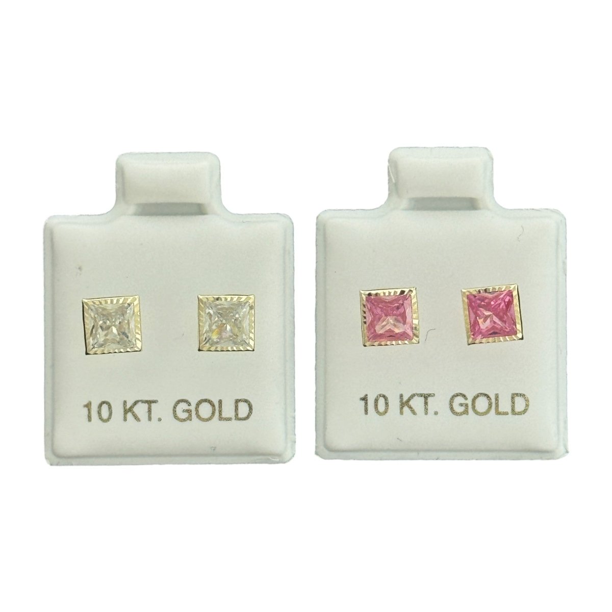 10KT Princess - Cut Pink and Clear CZ Gold Earrings