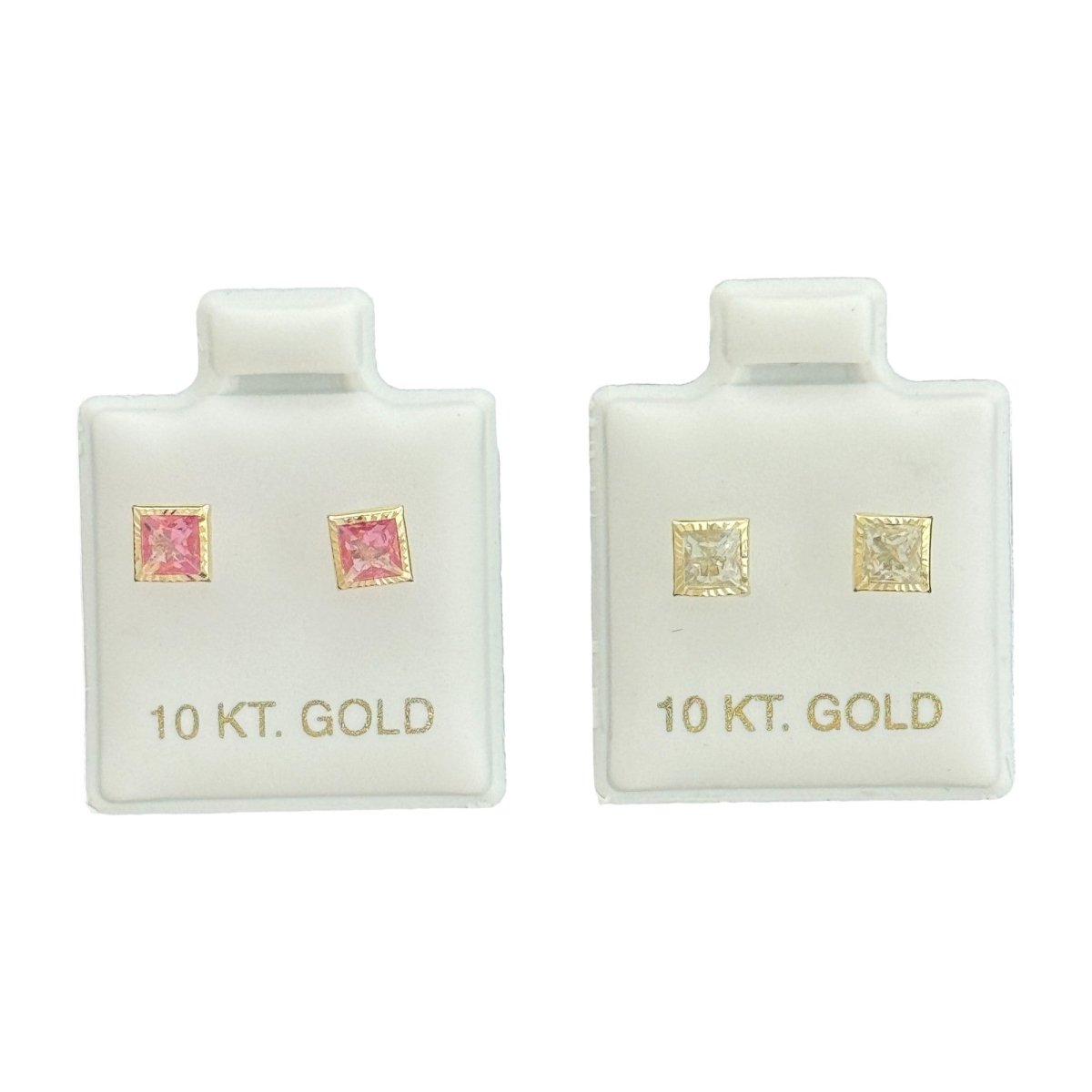 10KT Princess - Cut Pink and Clear CZ Gold Earrings