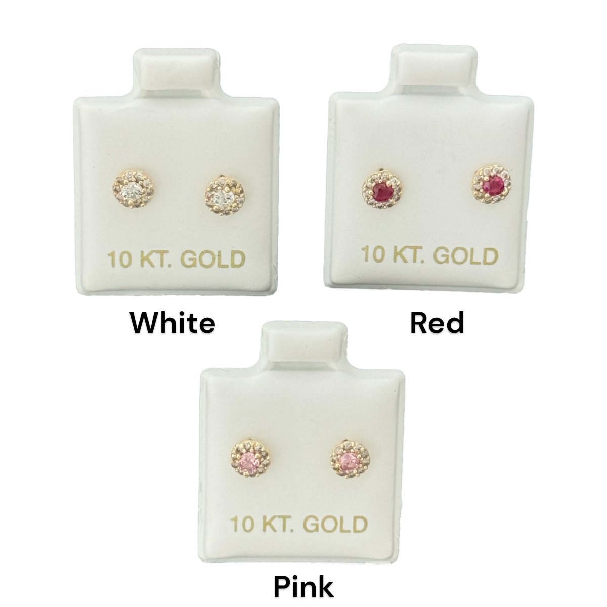 10KT Round CZ Stud Gold Earrings (White, Red, Pink)