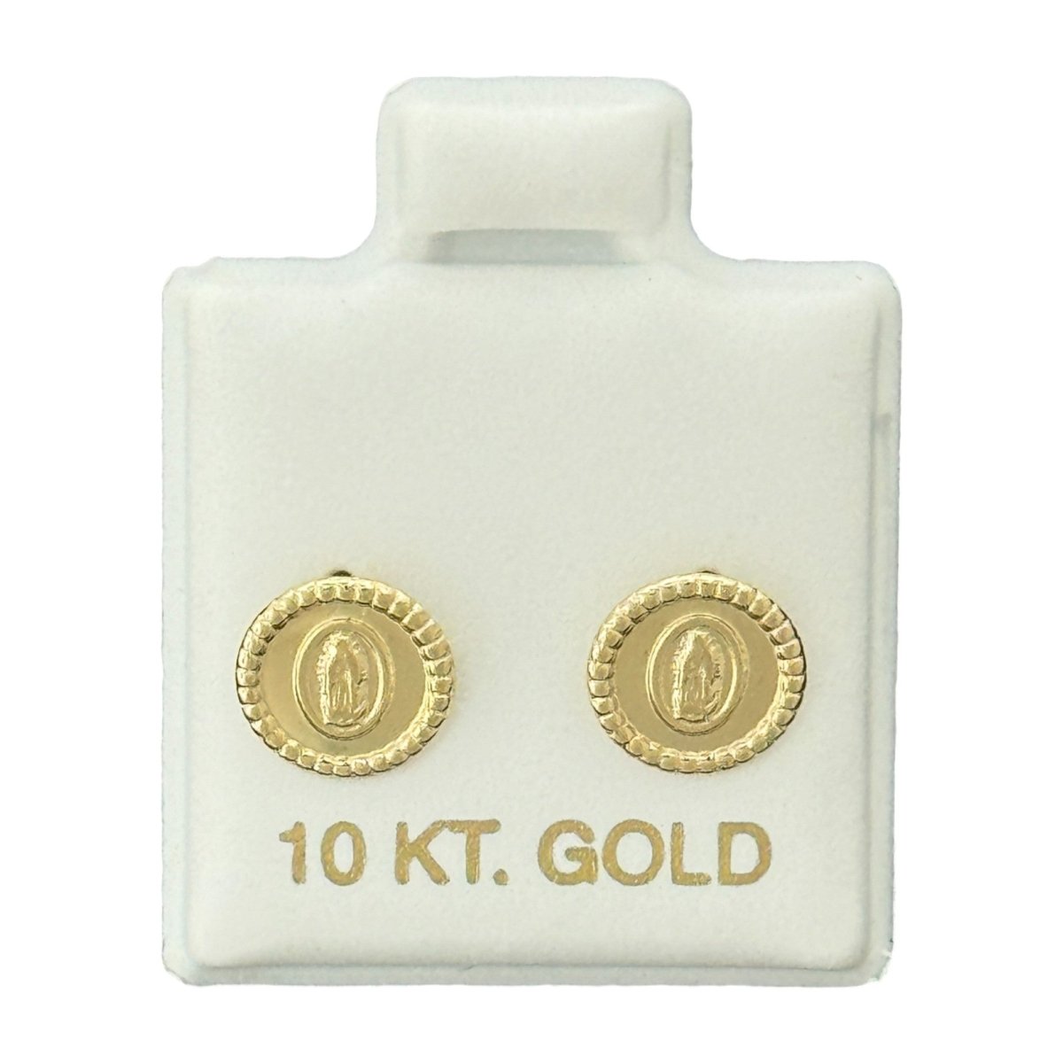 10KT Round Virgin Mary Frame Stud Gold Earrings