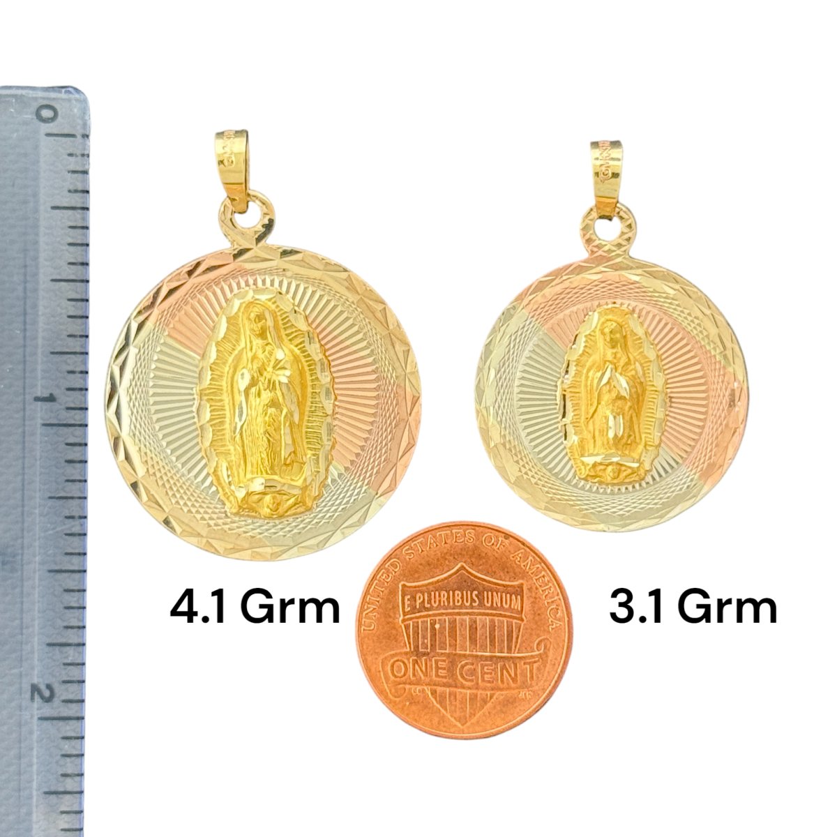 10KT Tri - Color Gold Round Virgin Mary Pendants