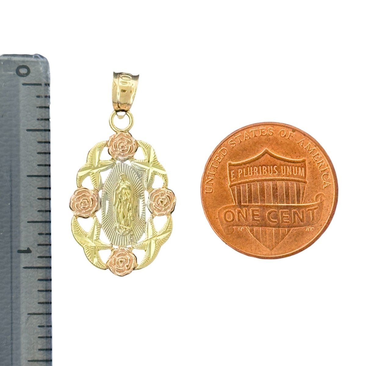 10KT Tri Color Virgin Mary Pendant with Roses, 1.65g