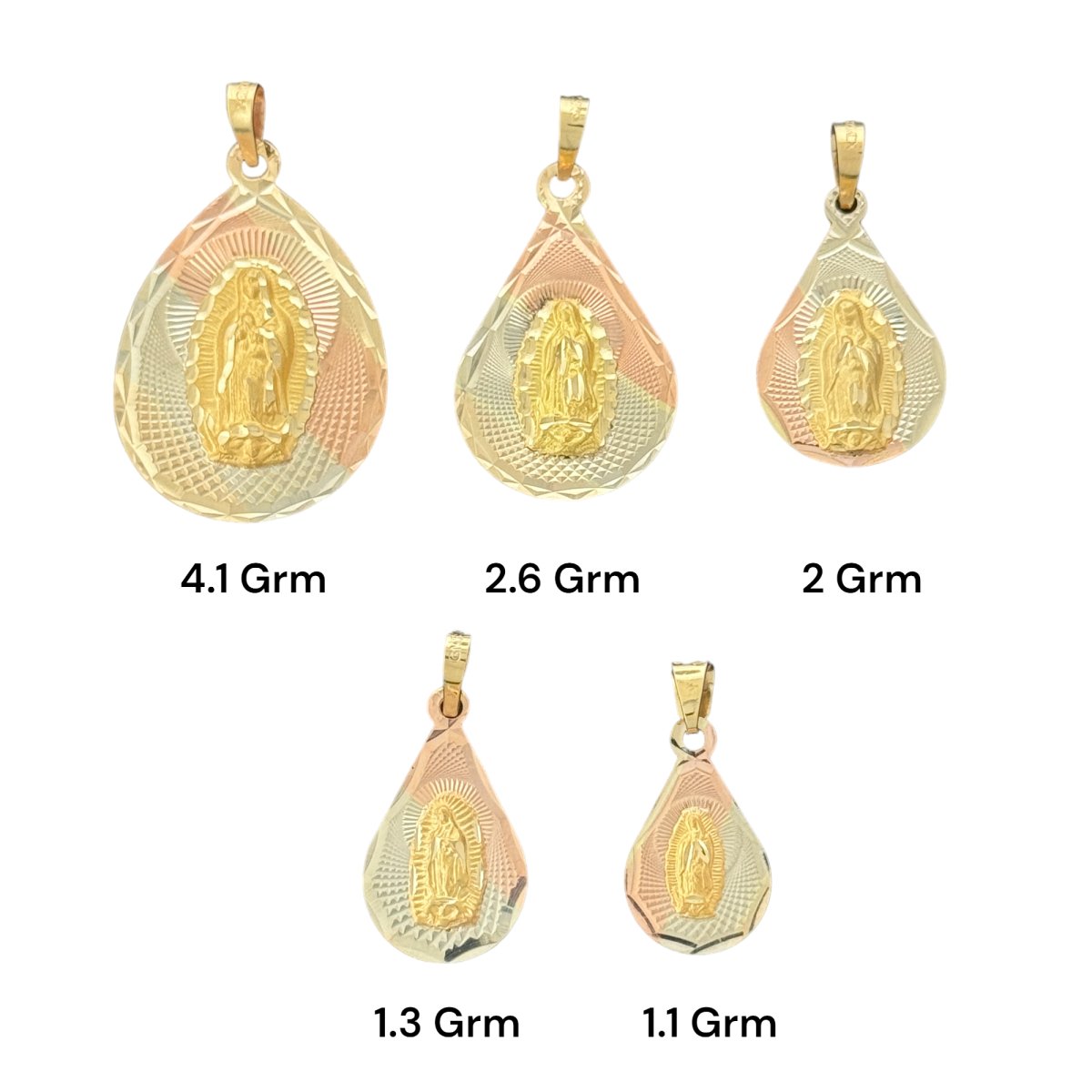 10KT Tri Color Virgin Mary Pendants, Tear Drop style.