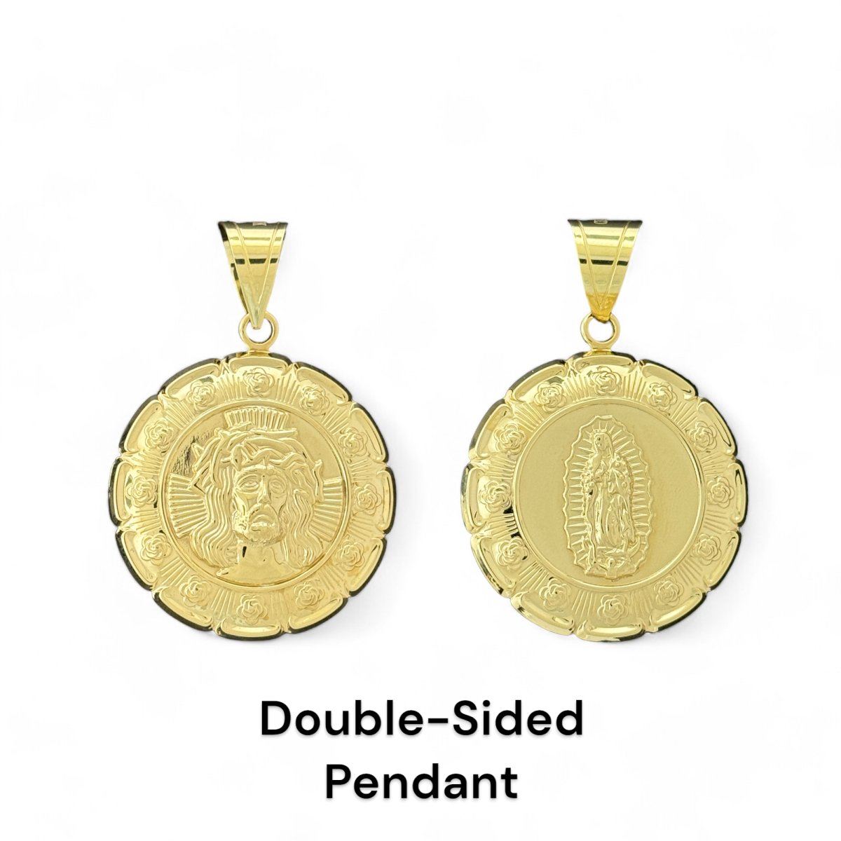 10KT Yellow Gold Double - Sided Hollow Pendant - Jesus and Virgin Mary