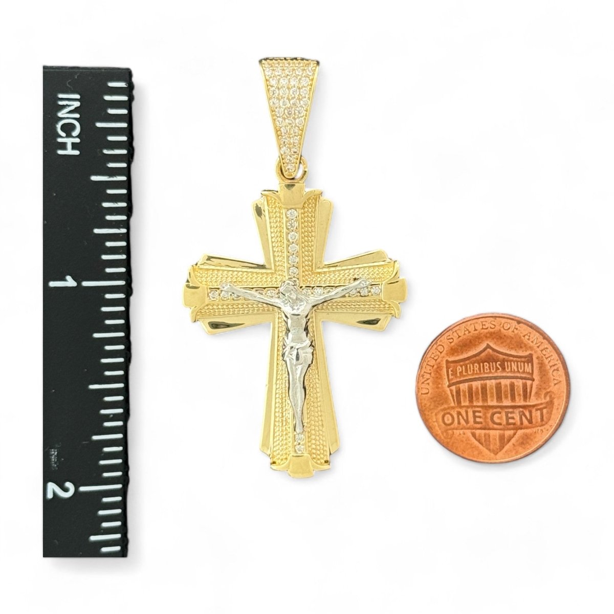 14KT Gold Cross Pendant with Jesus and Diamonds - 7.89g