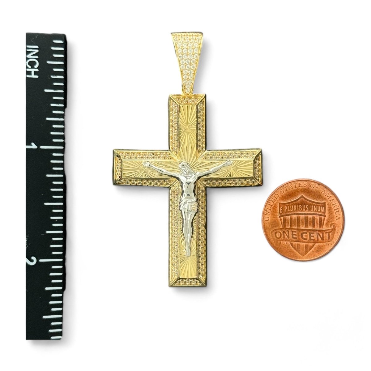 14KT Gold Crucifix Cross Pendant with CZ Stones - 8.09g