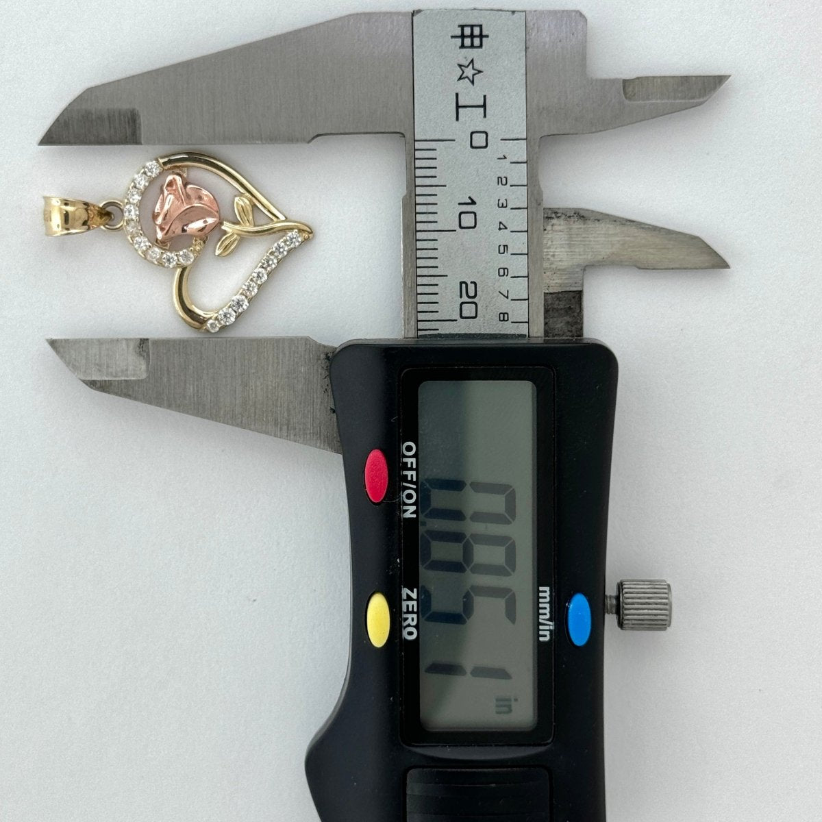 14KT Gold Rose in Heart Pendant with CZ Stones - 2mm Bail, 2.5 Grams, 1.19 Inches.