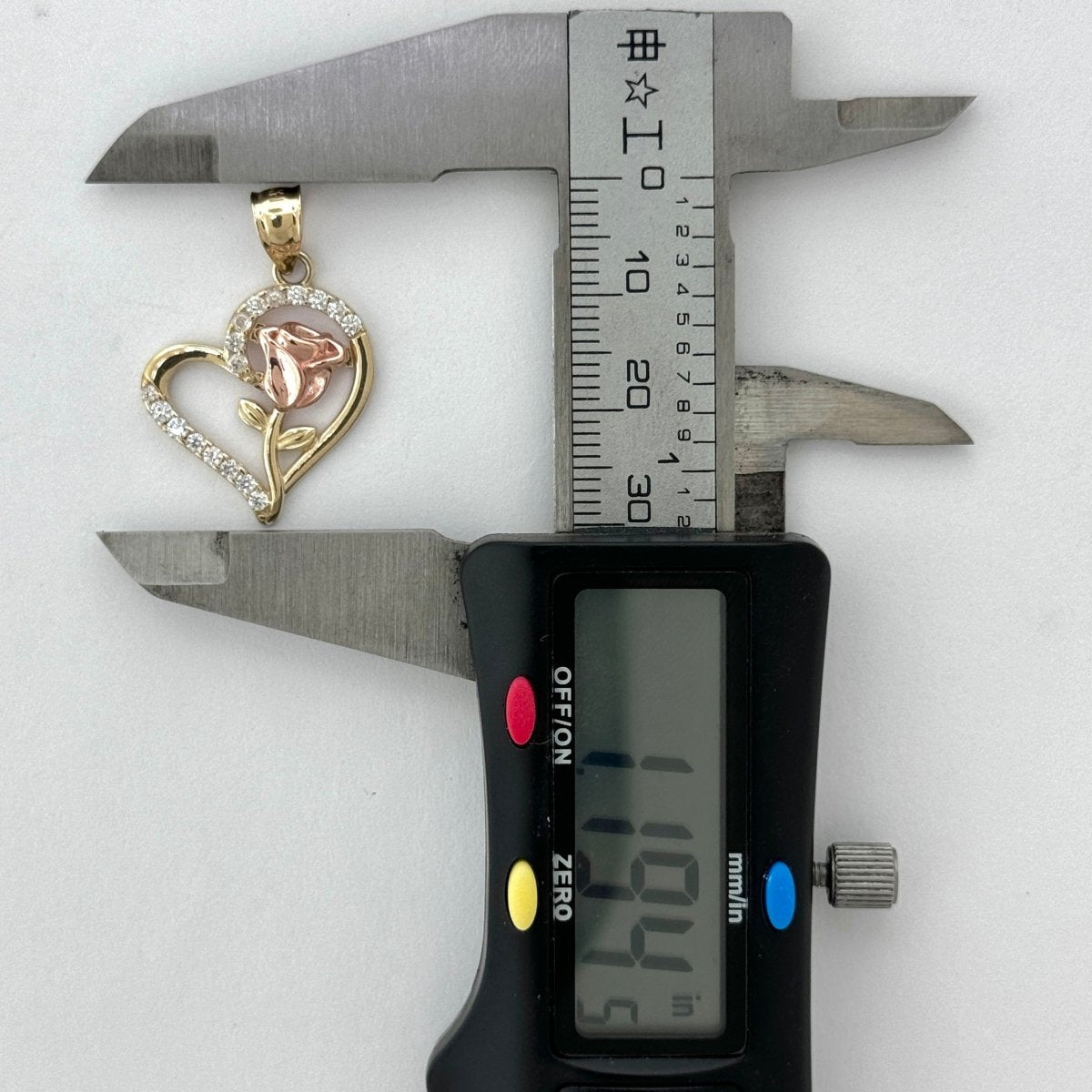 14KT Gold Rose in Heart Pendant with CZ Stones - 2mm Bail, 2.5 Grams, 1.19 Inches.