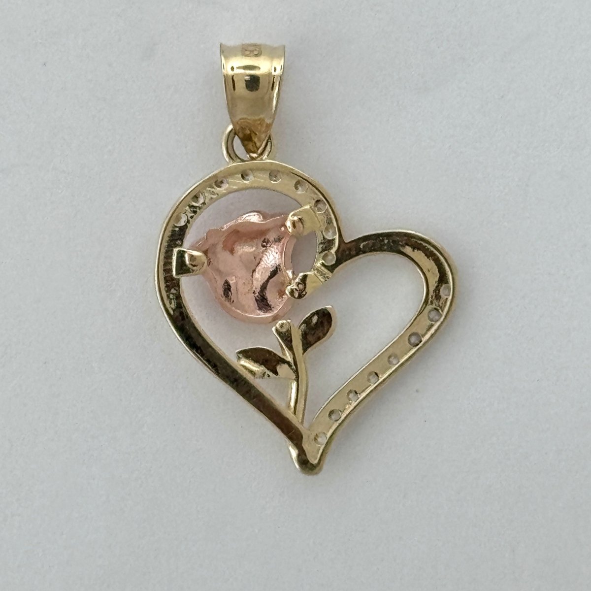 14KT Gold Rose in Heart Pendant with CZ Stones - 2mm Bail, 2.5 Grams, 1.19 Inches.